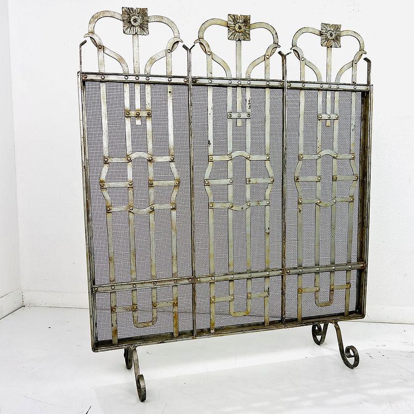 Antique Hand Forged Iron Fireplace Screen For Sale 1