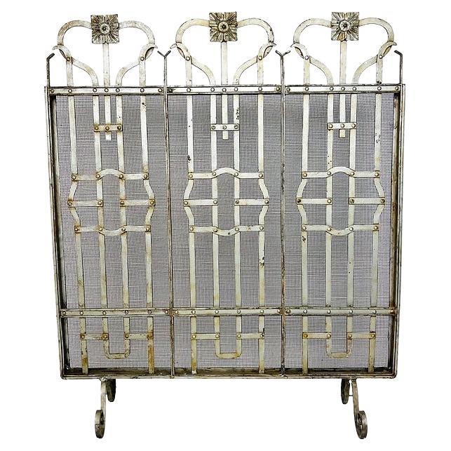 Antique Hand Forged Iron Fireplace Screen For Sale