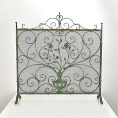 Antique Hand-Forged Verdigris Iron Fire Screen with Floral Scrollwork