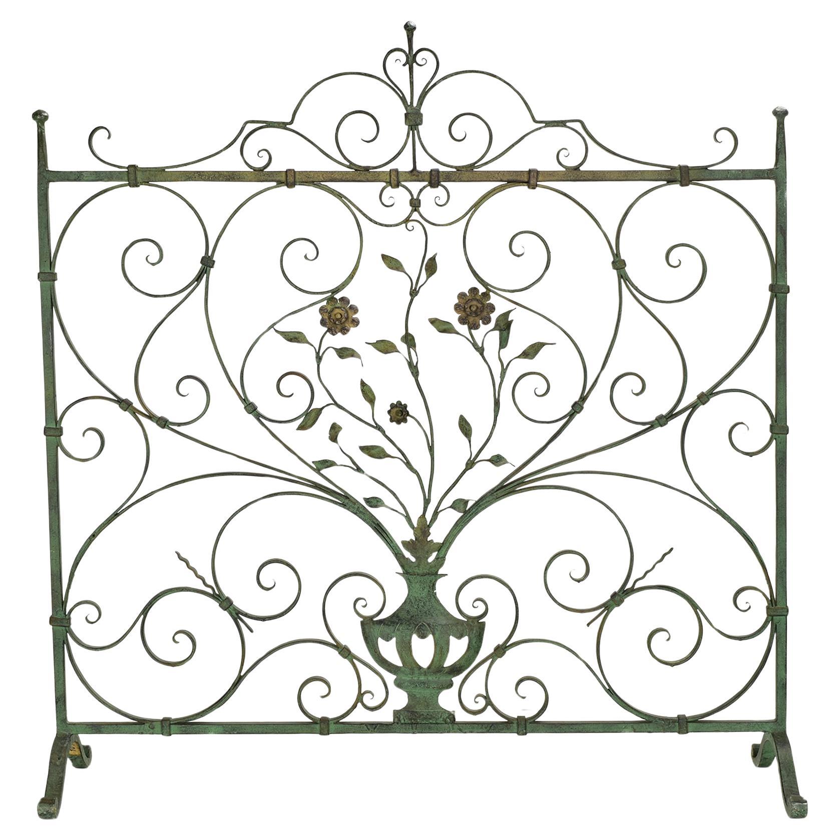 Antique Hand-Forged Verdigris Iron Fire Screen with Floral Scrollwork