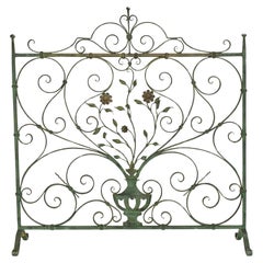 Antique Hand-Forged Verdigris Iron Fire Screen with Floral Scrollwork