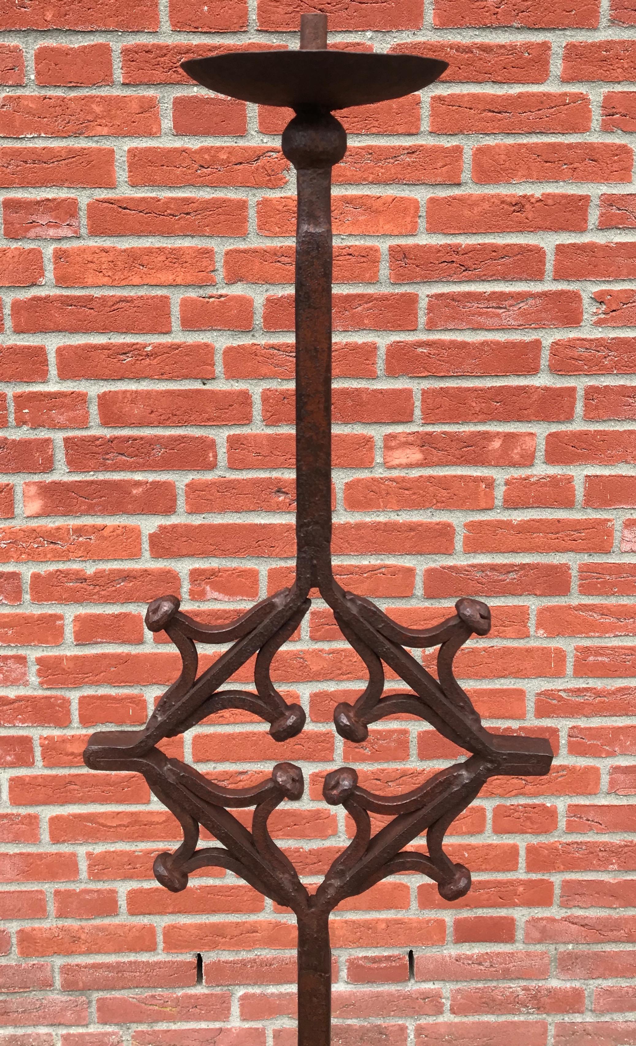 European Antique Hand Forged Wrought Iron Gothic Revival Castle Floorlamp or Candlestick For Sale