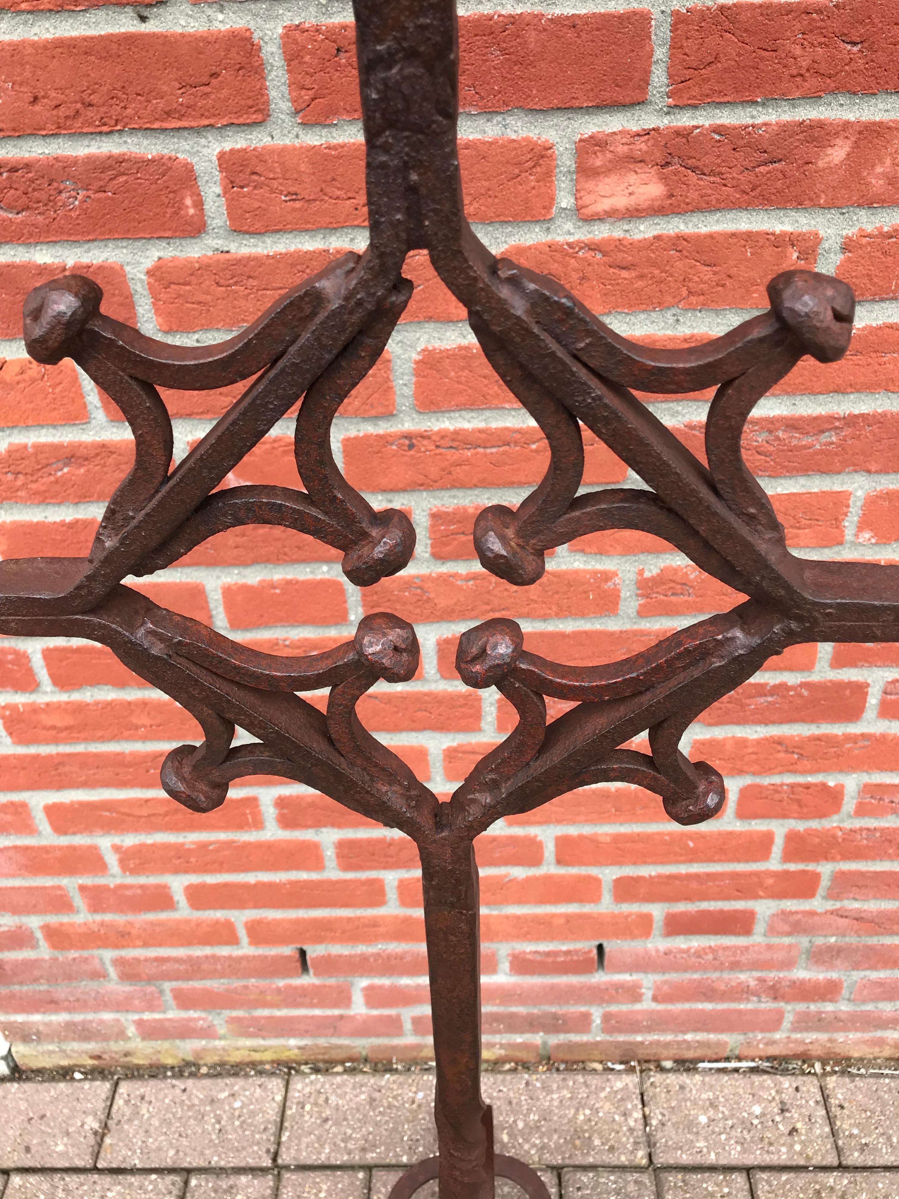 20th Century Antique Hand Forged Wrought Iron Gothic Revival Castle Floorlamp or Candlestick For Sale