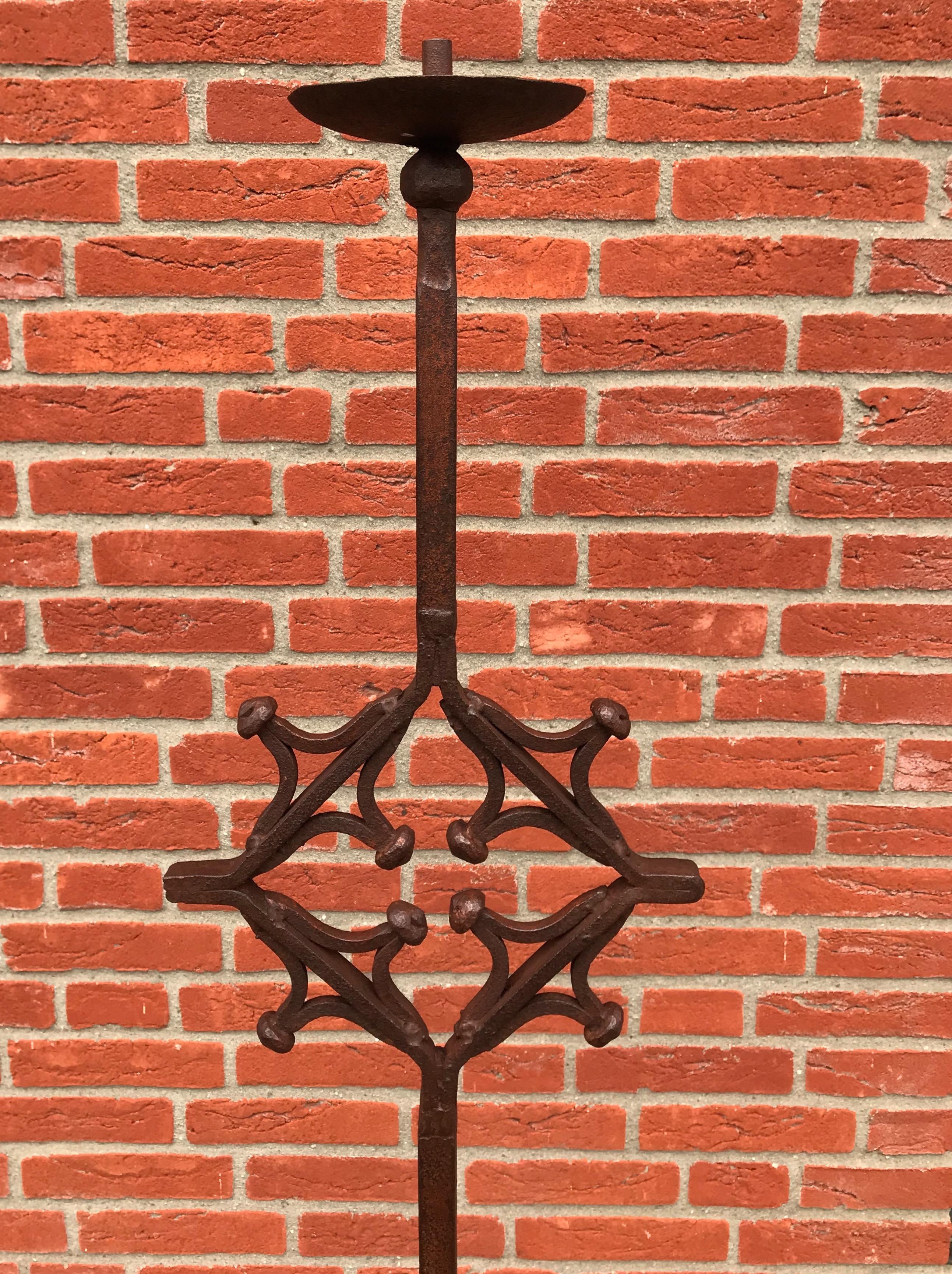 Antique Hand Forged Wrought Iron Gothic Revival Castle Floorlamp or Candlestick For Sale 3