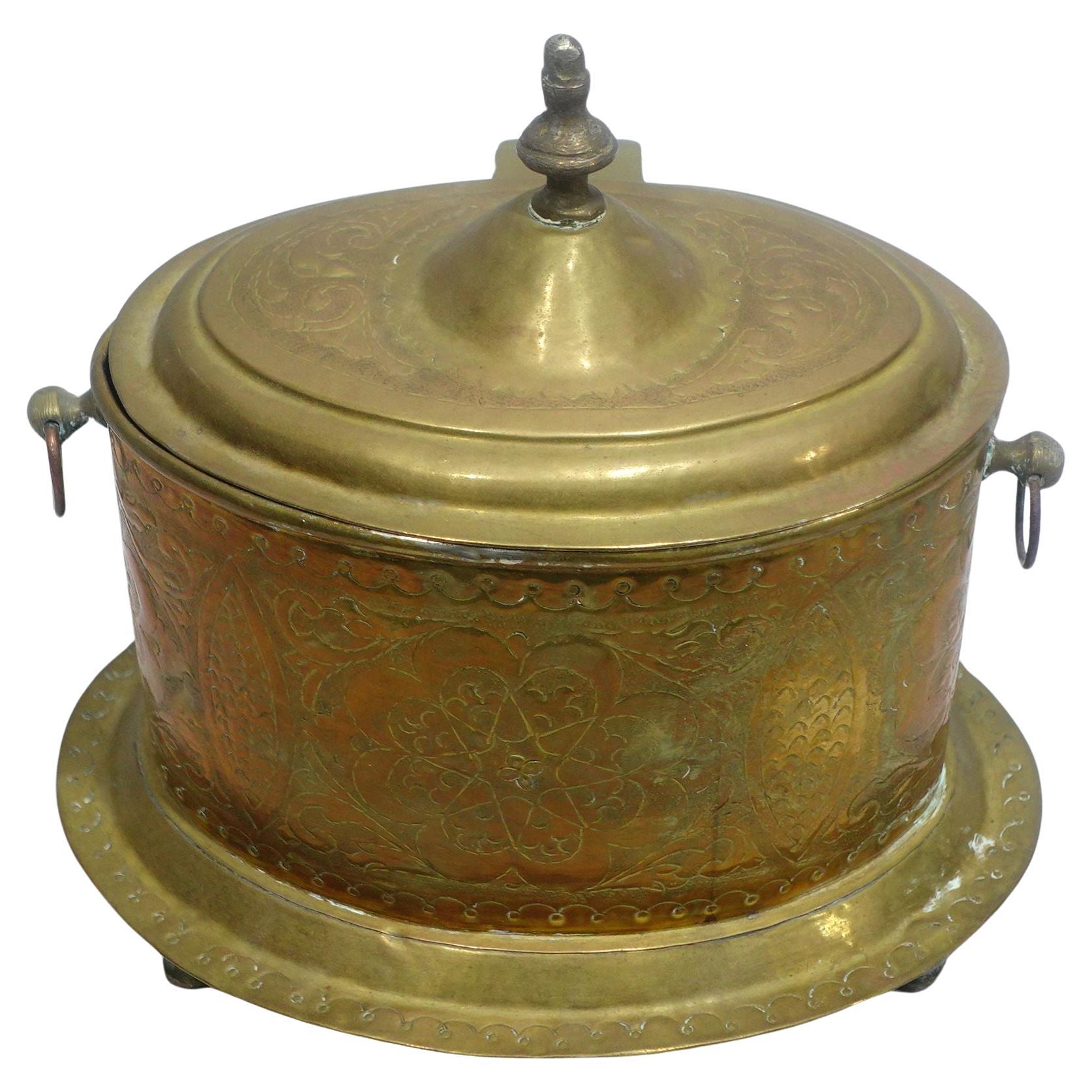Antique Hand Hammered Brass Tobacco Box on Footed Stand, 18th Century For Sale