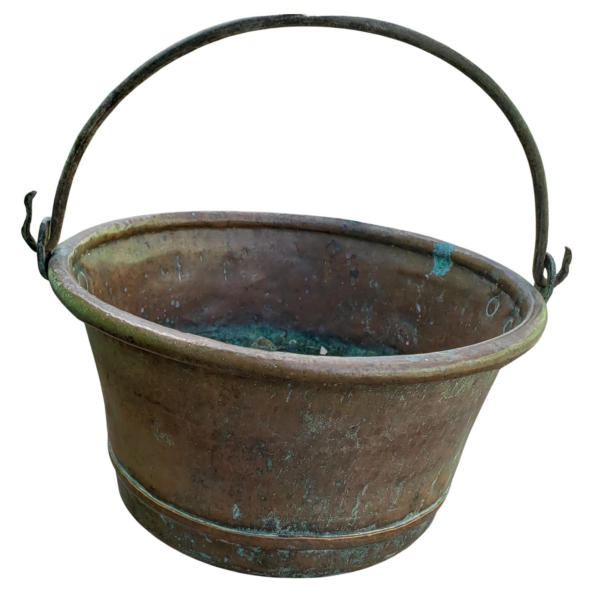 Victorian Antique Hand-Hammered Copper Bale with Iron Handle Bucket Jardiniere