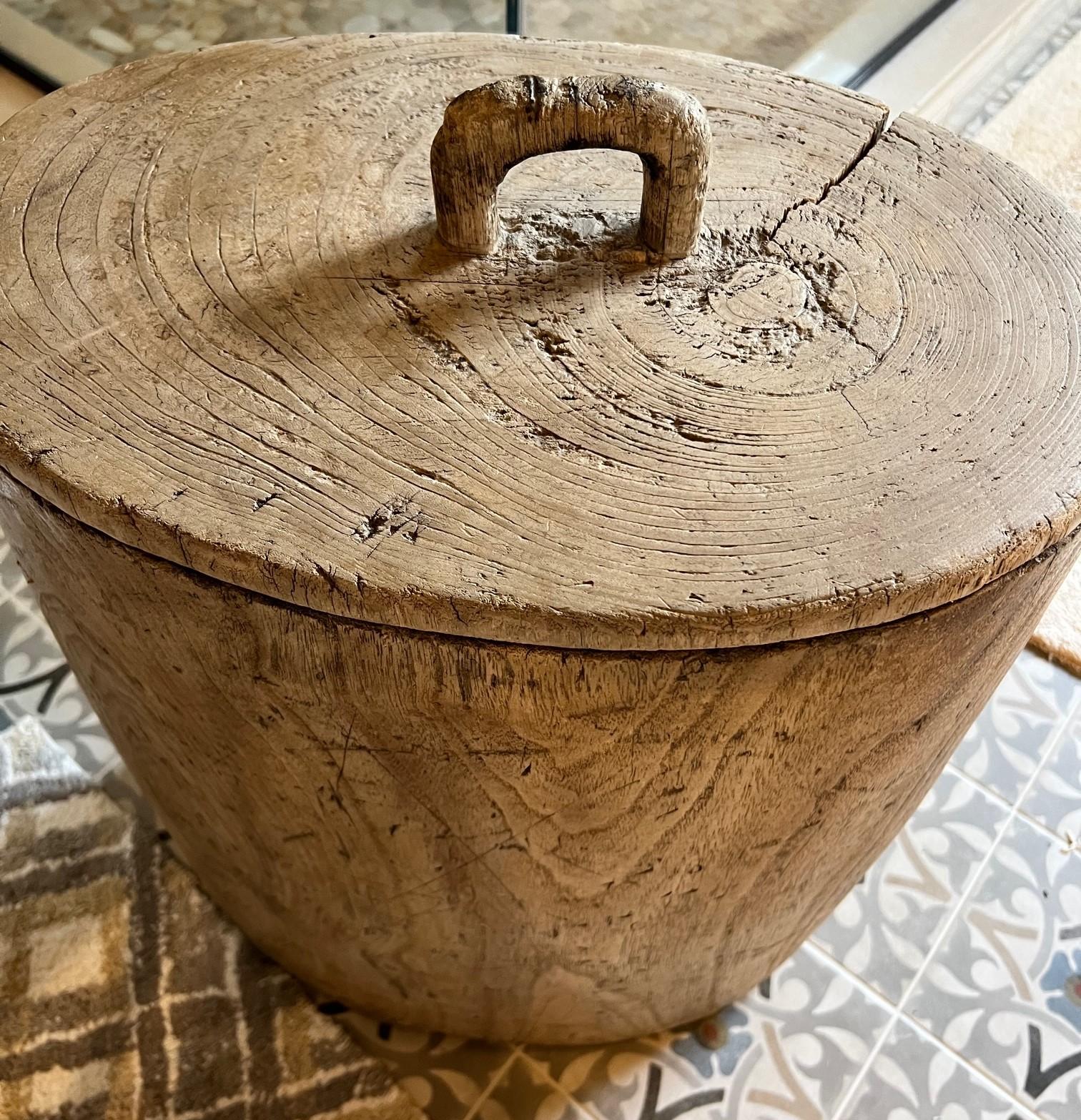 Hand-Carved Antique Hand Hewn Wooden Oval Rice Storage Barrel with Lid For Sale