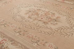 Antique Hand Hooked Medallion Cream Pink and Beige Wool Floral Rug