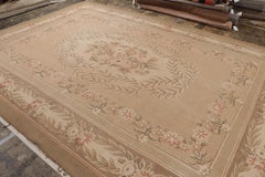 Antique Hand Hooked Medallion Cream Pink and Beige Wool Floral Rug