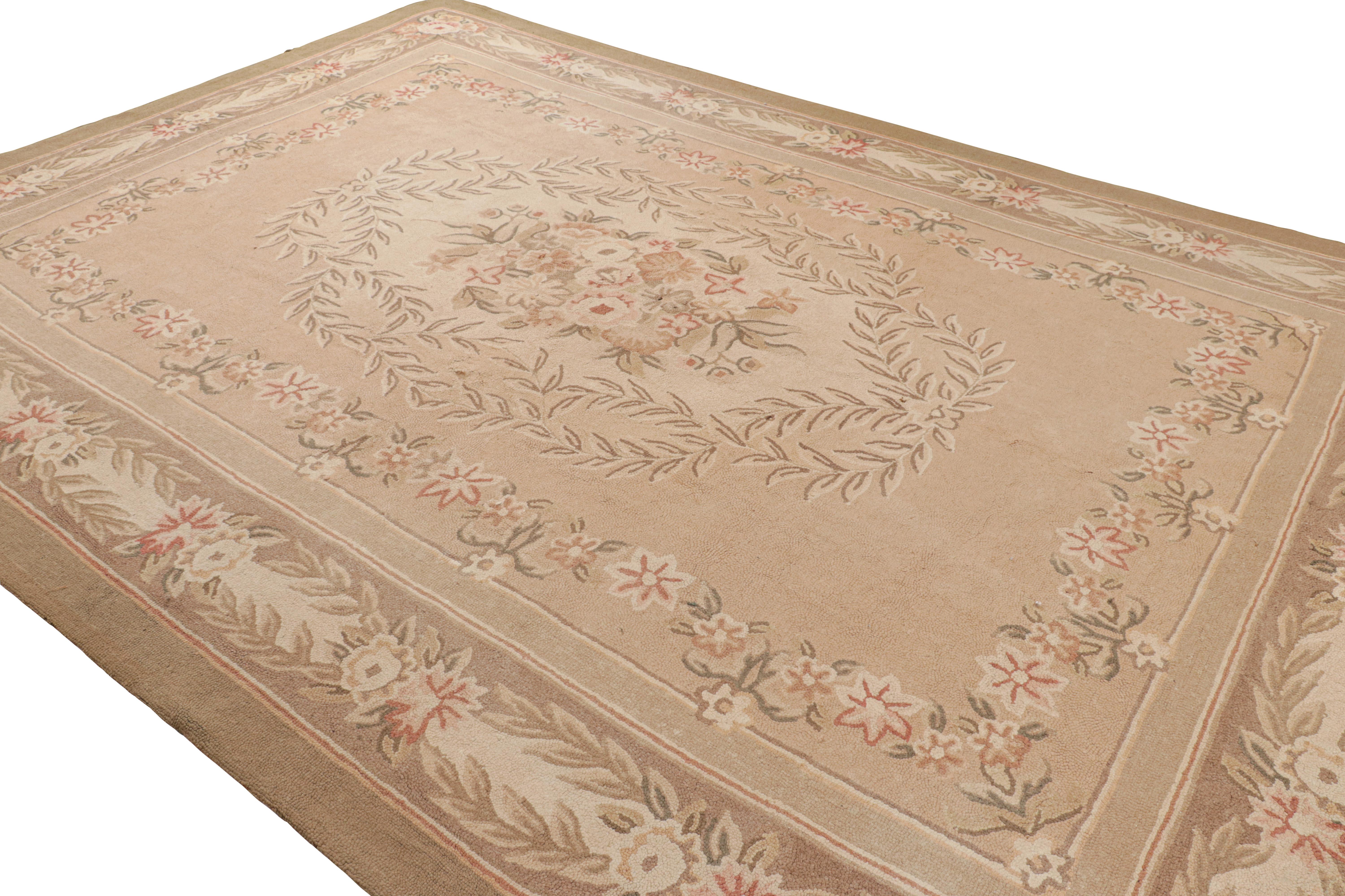 Hand-Knotted Antique Hand Hooked Medallion Cream Pink and Beige Wool Floral Rug For Sale