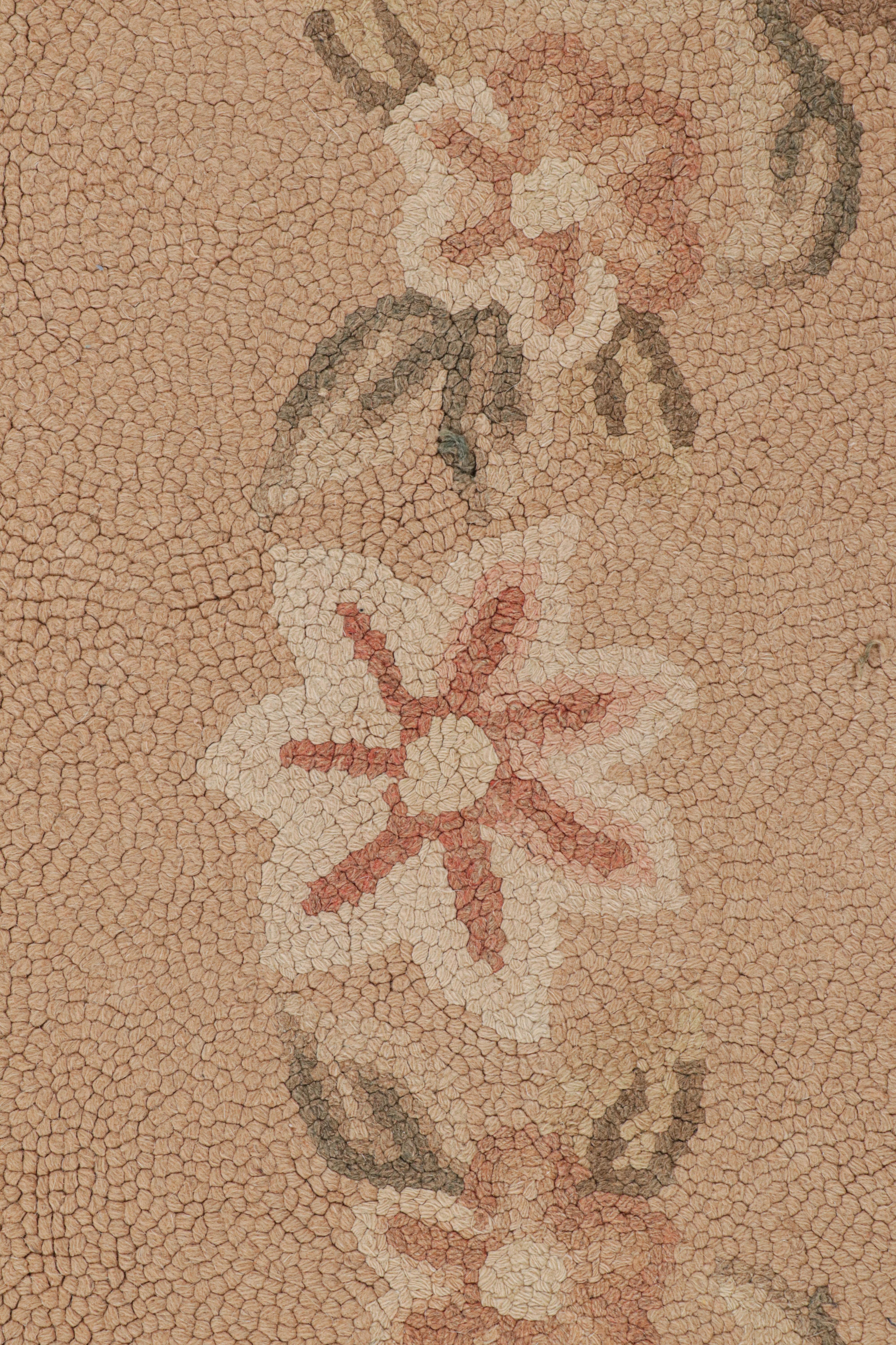 Antique Hand Hooked Medallion Cream Pink and Beige Wool Floral Rug For Sale 2