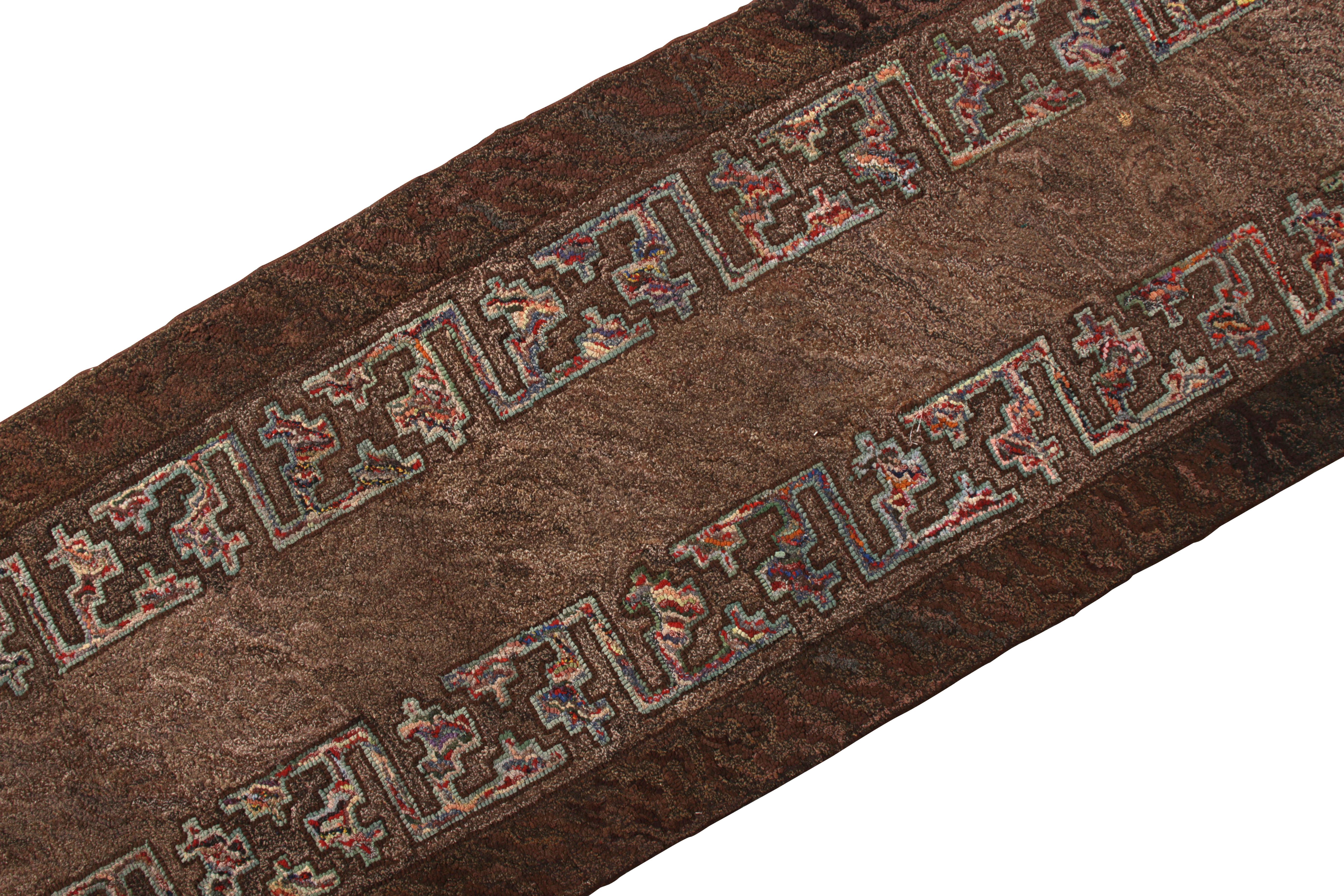 Tribal Antique Hand-Hooked Rug Beige Brown Geometric Runner
