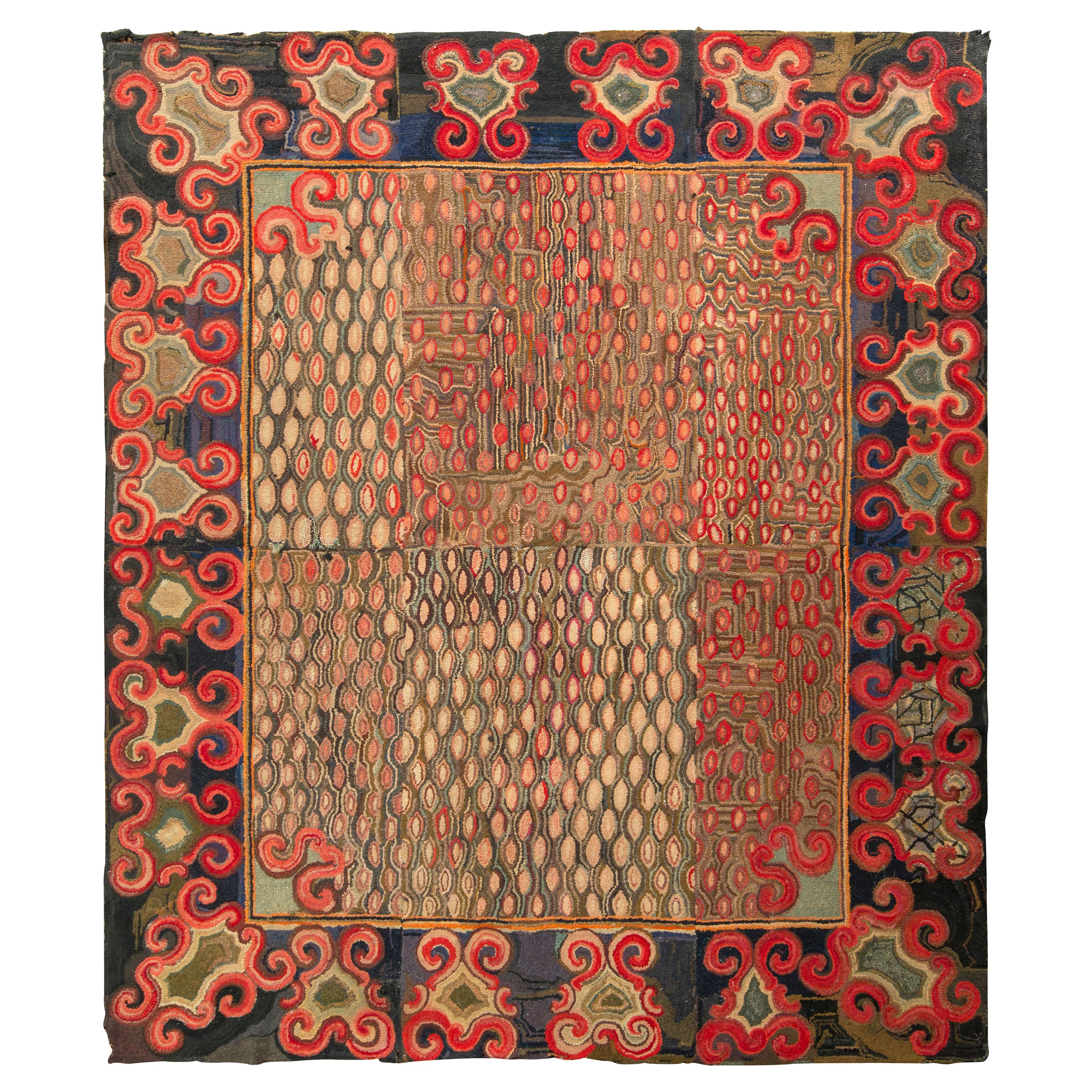 Antiker handgefertigter Teppich mit geometrischem Muster in Rot, Beige und Braun