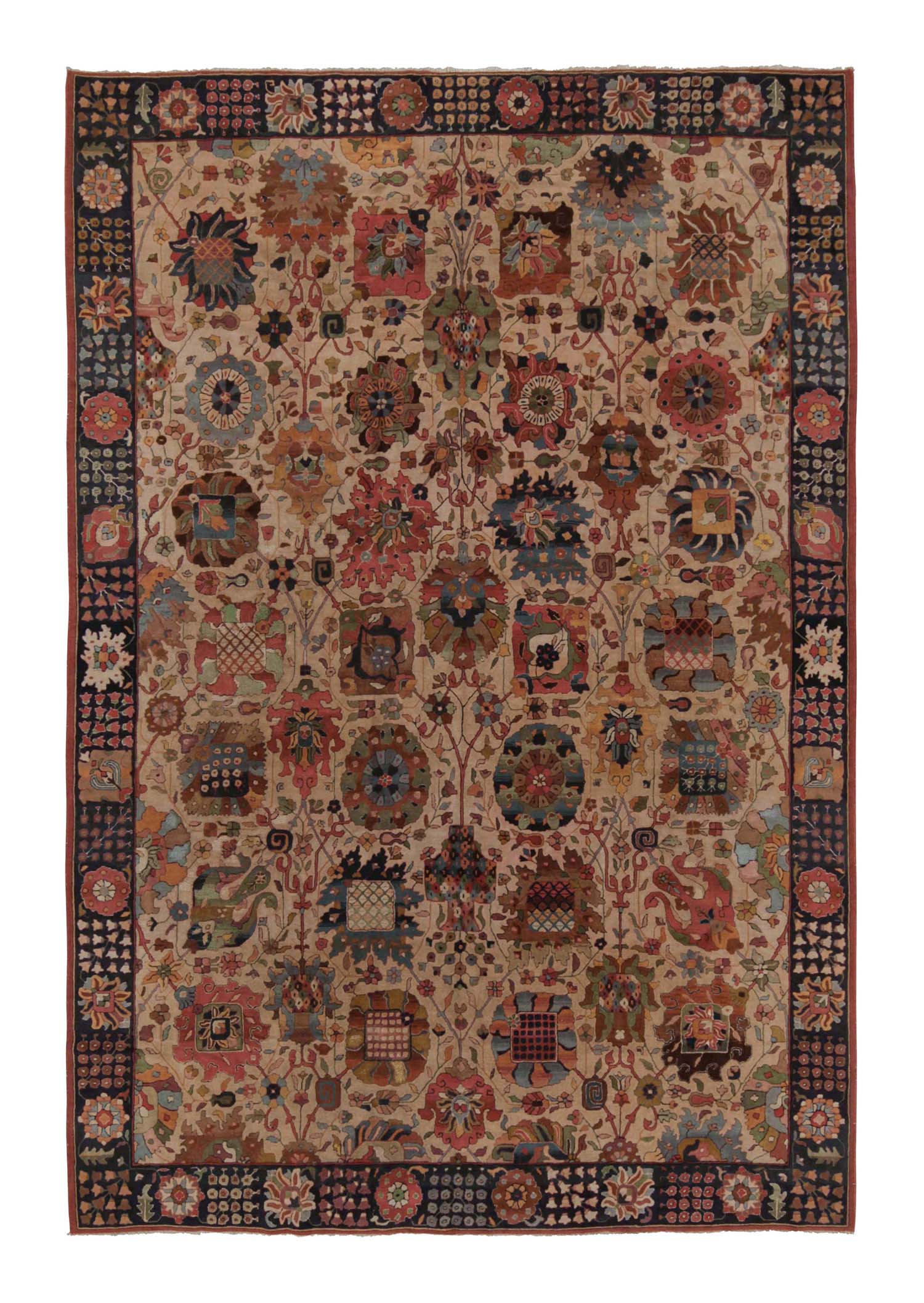 Antique Hand-Hooked Rug in Brown Red and Green Floral Patterns by Rug 
Kilim