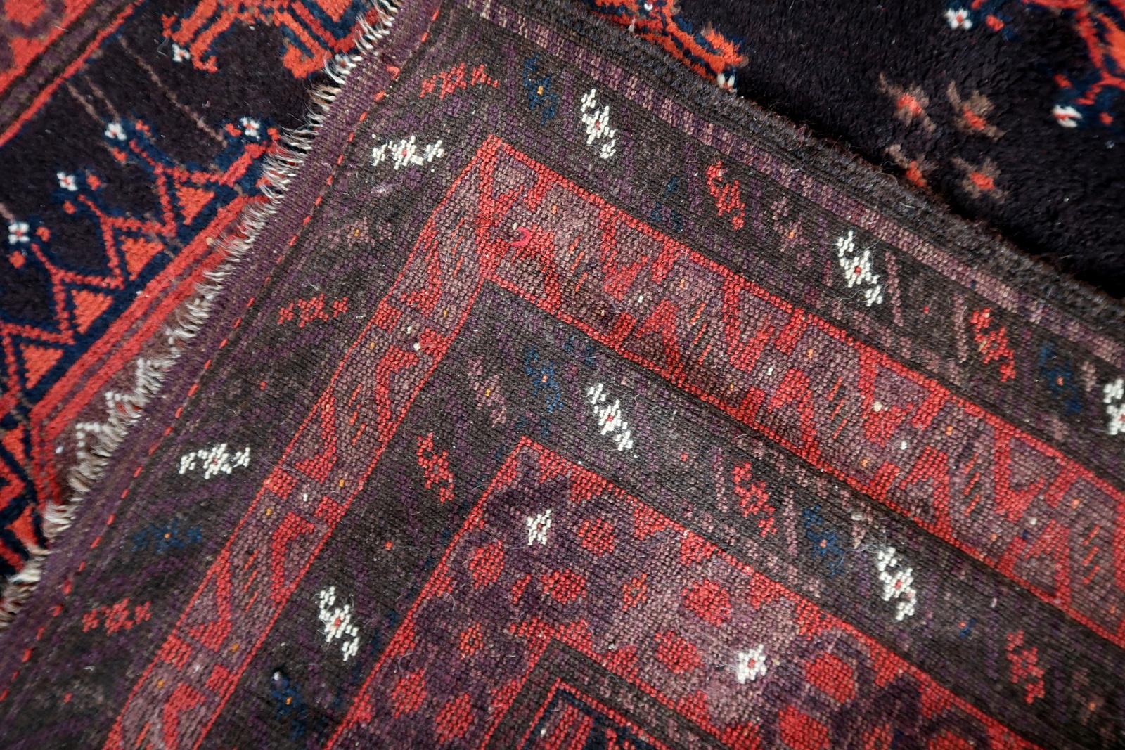 Antique Tapis Afghan Baluch noué à la main en rouge et marron 3.8' x 6.9' - 1C1195 en vente 3