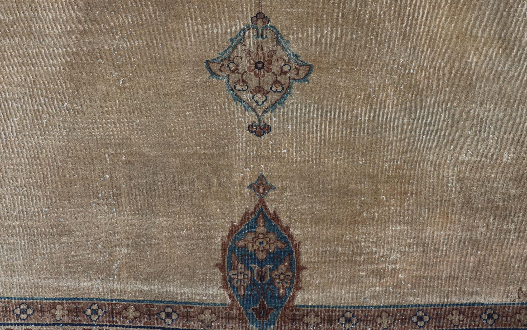 Antique Hand Knotted Amritsar Carpet in Taupe, Light Brown and Blue Accent's For Sale 3