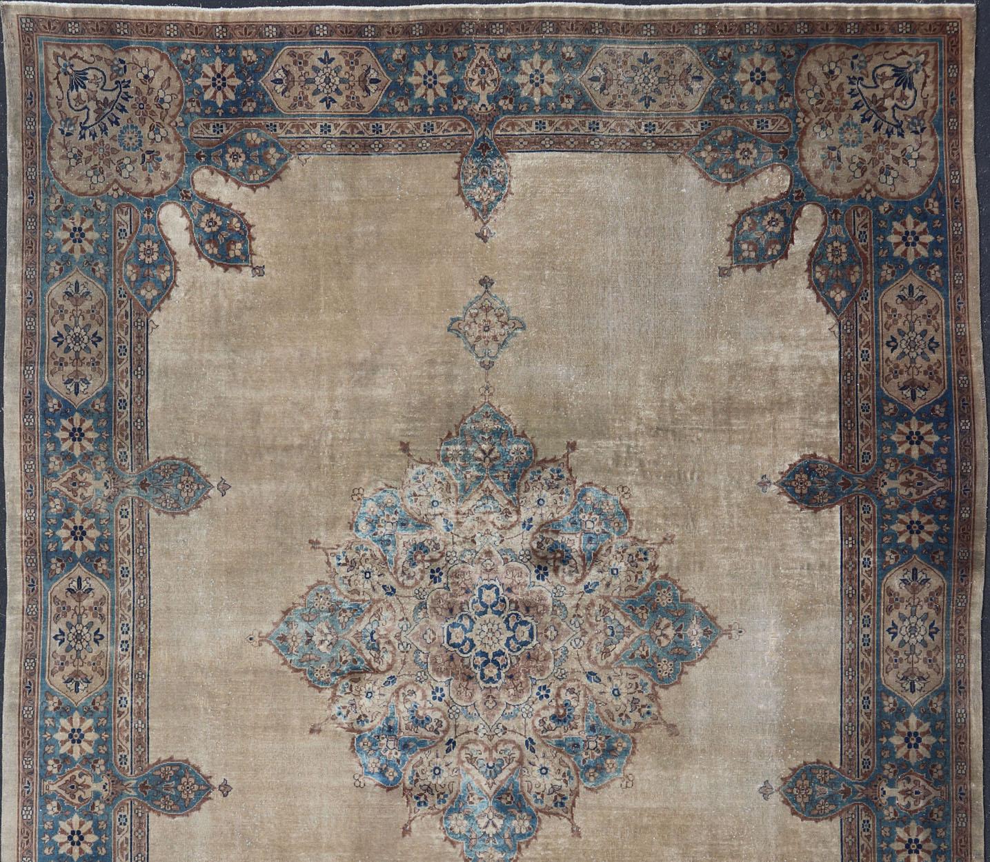 Antique Hand Knotted Amritsar Carpet in Taupe, Light Brown and Blue Accent's For Sale 6