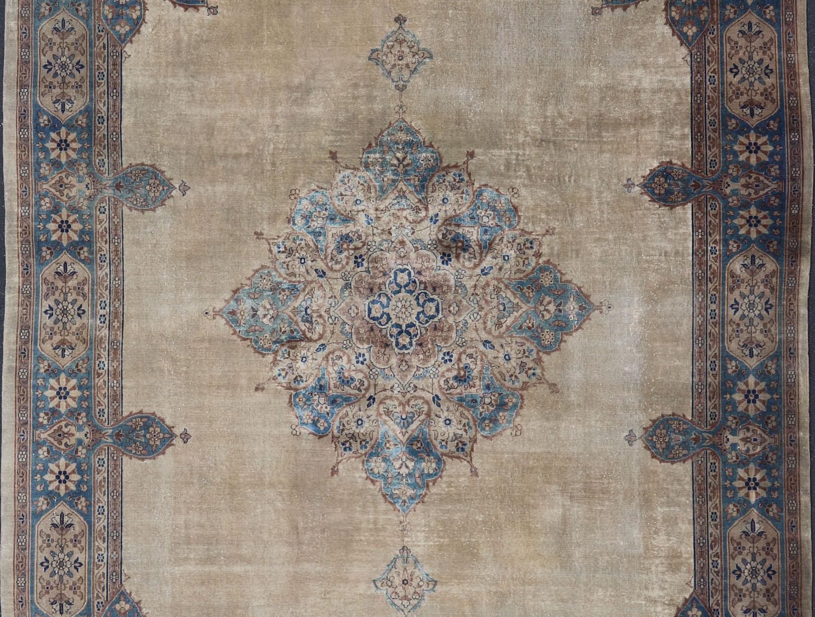 Antique Hand Knotted Amritsar Carpet in Taupe, Light Brown and Blue Accent's For Sale 7