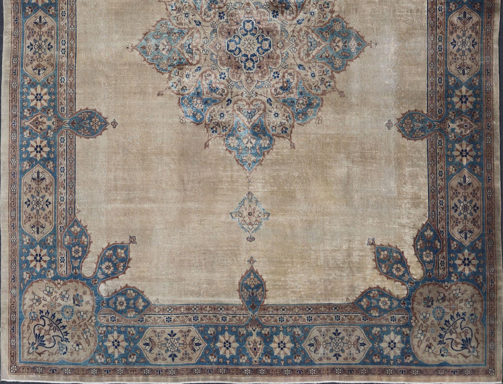 Antique Hand Knotted Amritsar Carpet in Taupe, Light Brown and Blue Accent's For Sale 8