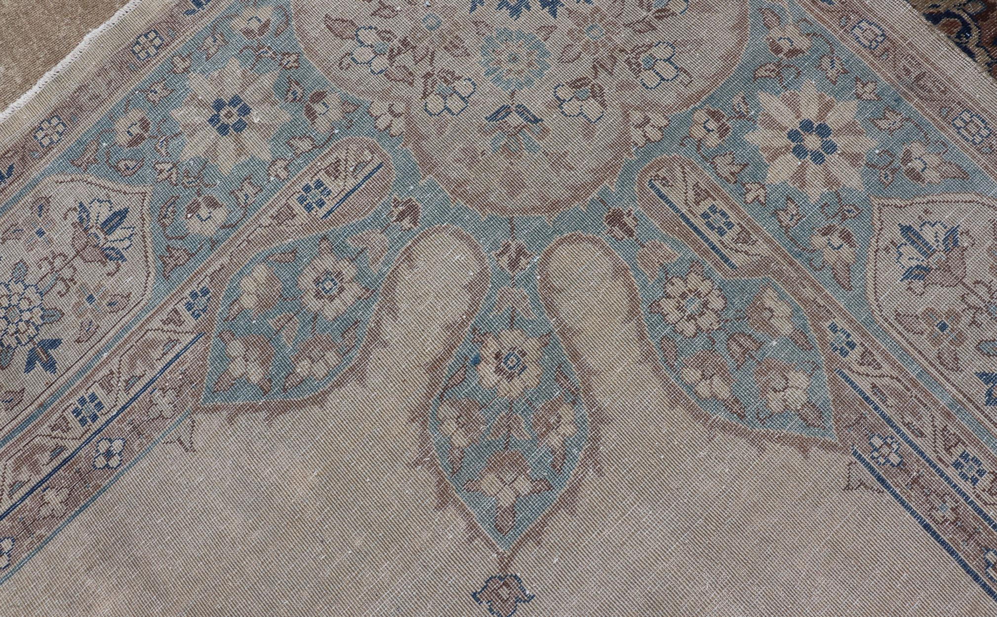 Antique Hand Knotted Amritsar Carpet in Taupe, Light Brown and Blue Accent's For Sale 9