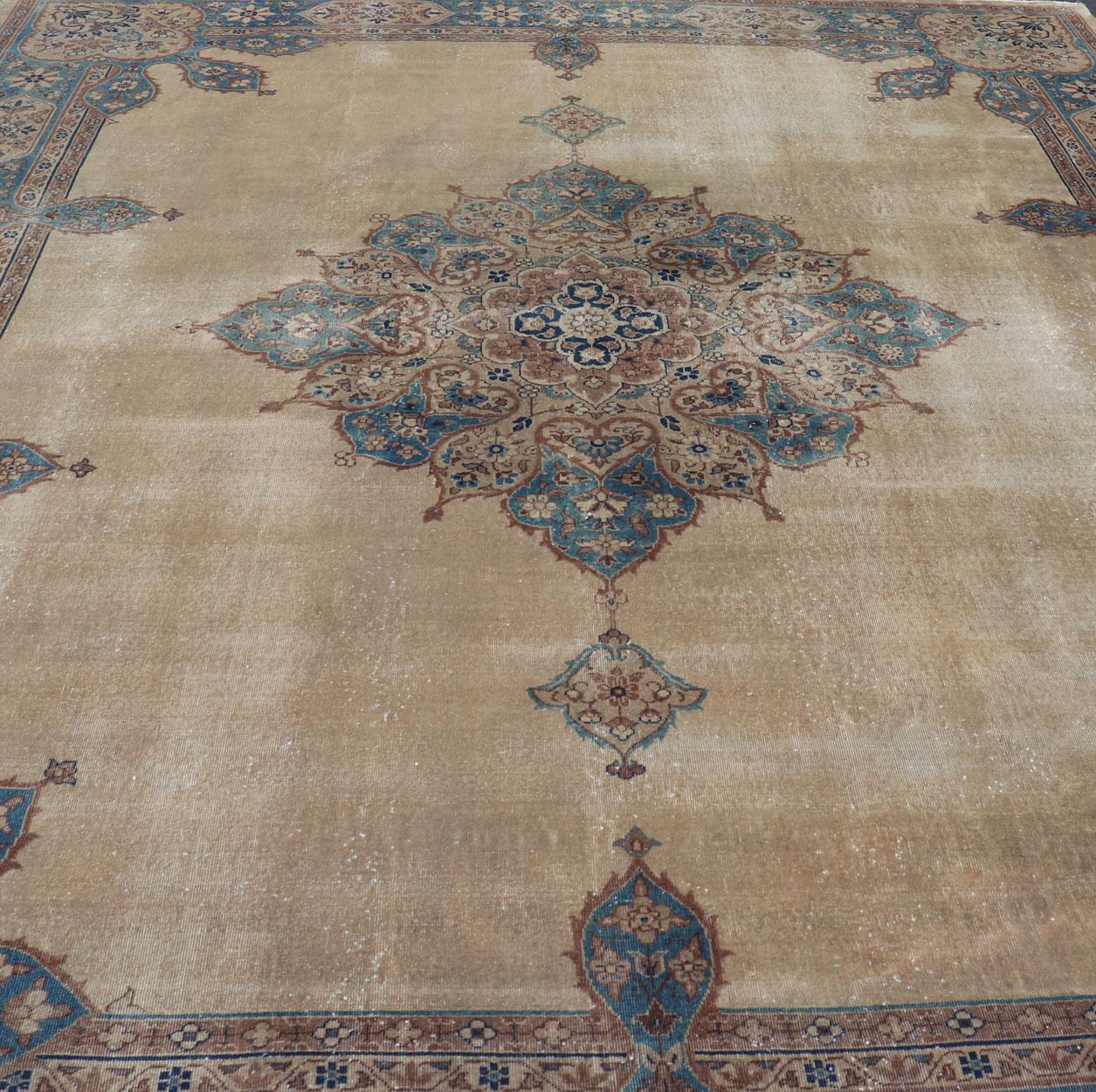 Agra Antique Hand Knotted Amritsar Carpet in Taupe, Light Brown and Blue Accent's For Sale