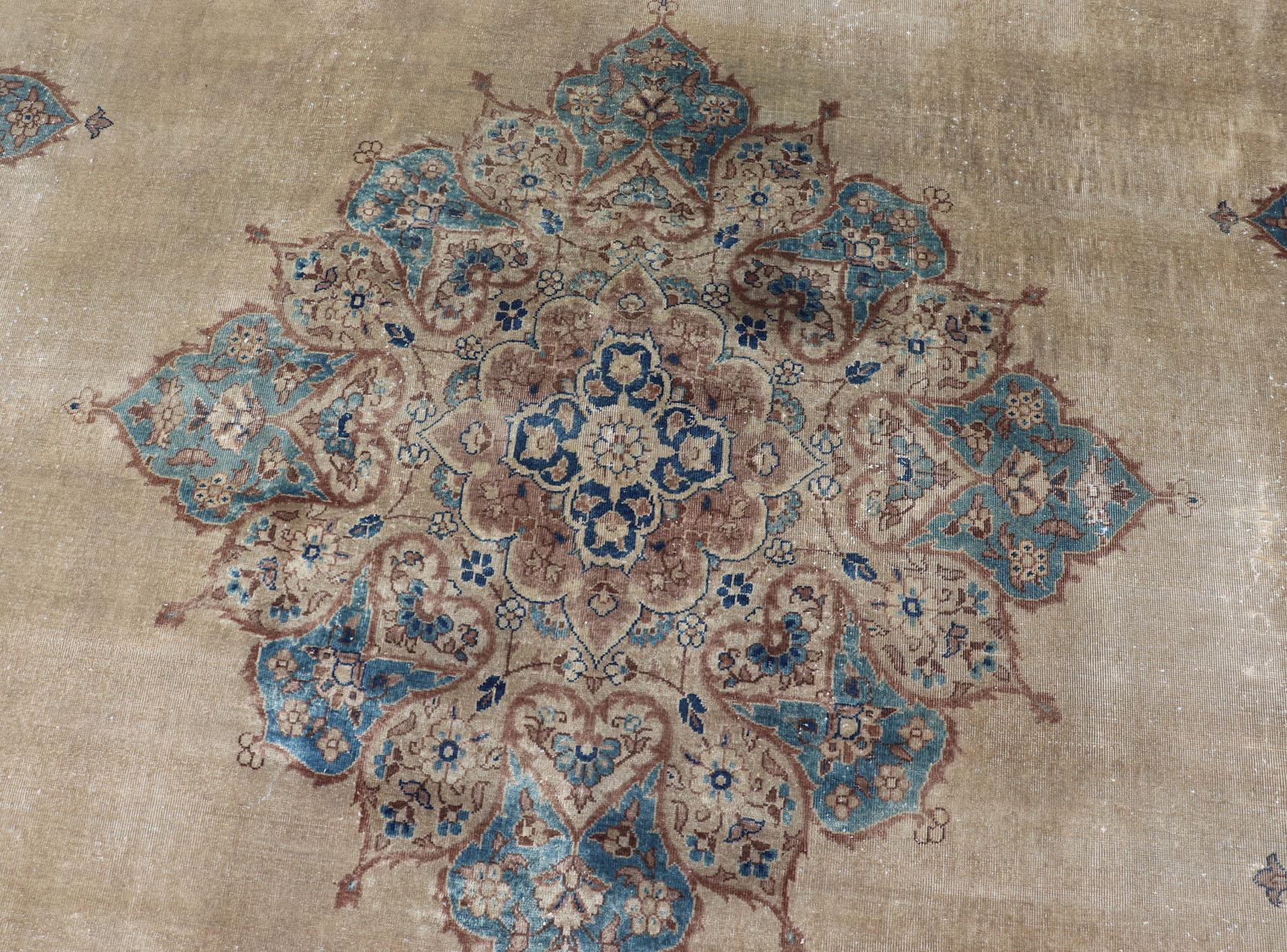 Hand-Knotted Antique Hand Knotted Amritsar Carpet in Taupe, Light Brown and Blue Accent's For Sale