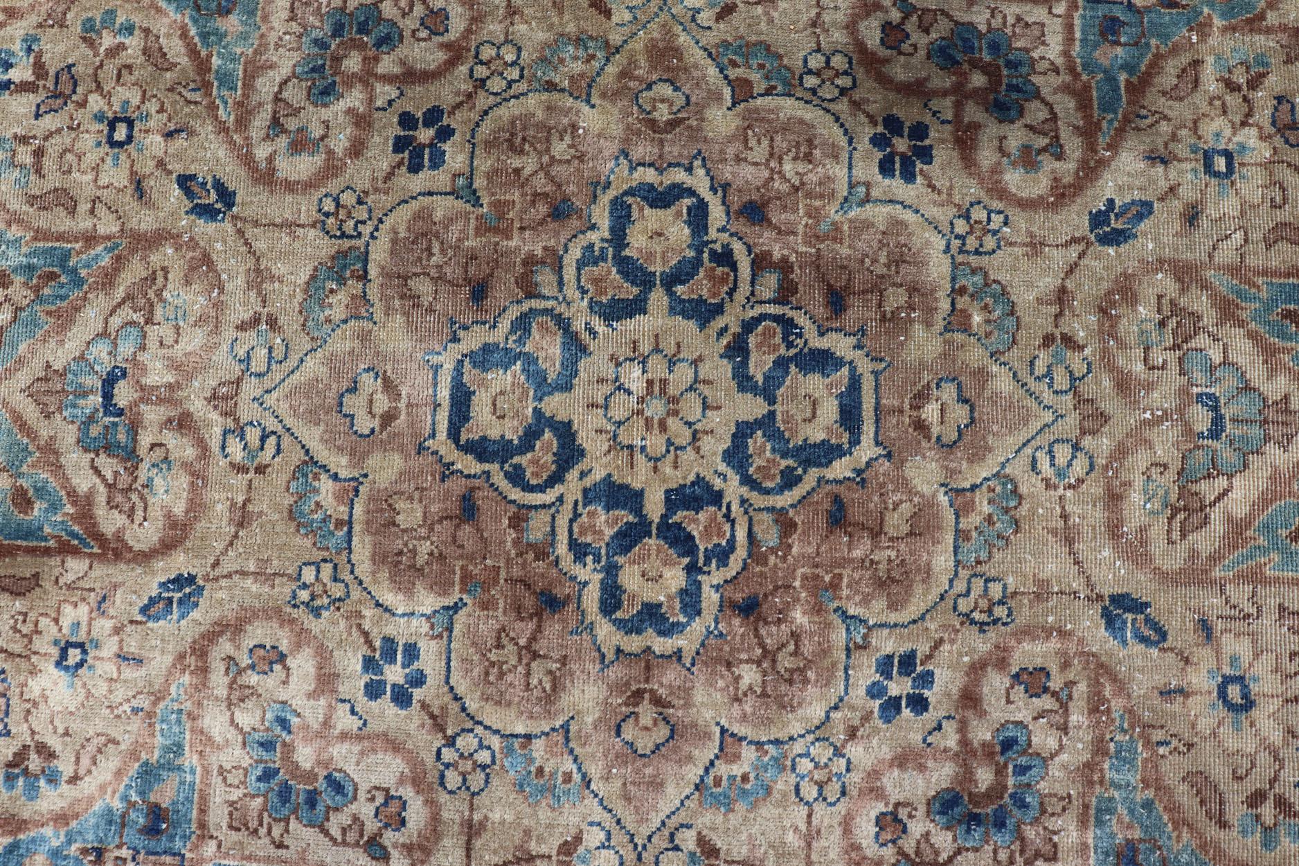 Antique Hand Knotted Amritsar Carpet in Taupe, Light Brown and Blue Accent's In Good Condition For Sale In Atlanta, GA