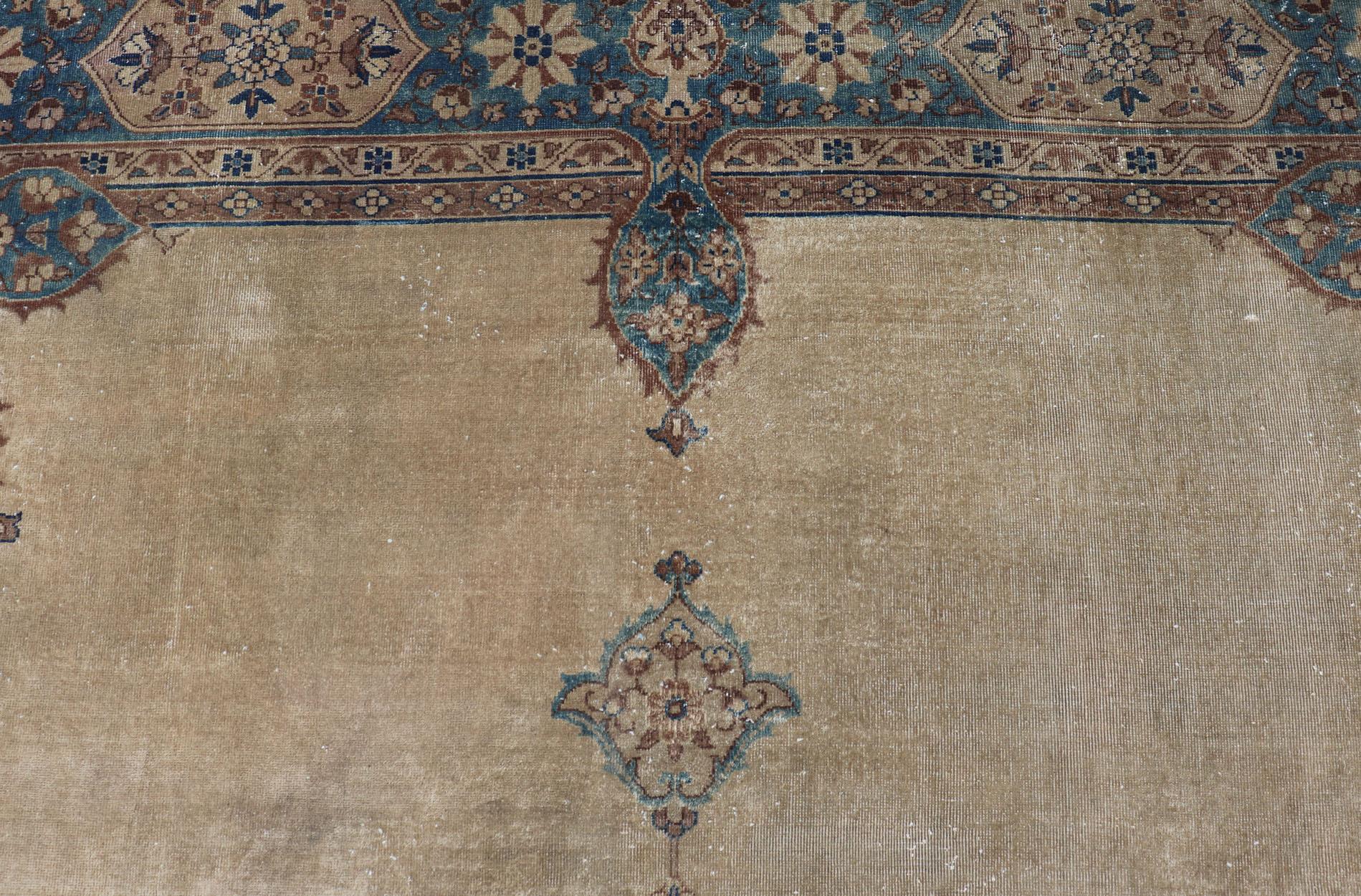 20th Century Antique Hand Knotted Amritsar Carpet in Taupe, Light Brown and Blue Accent's For Sale