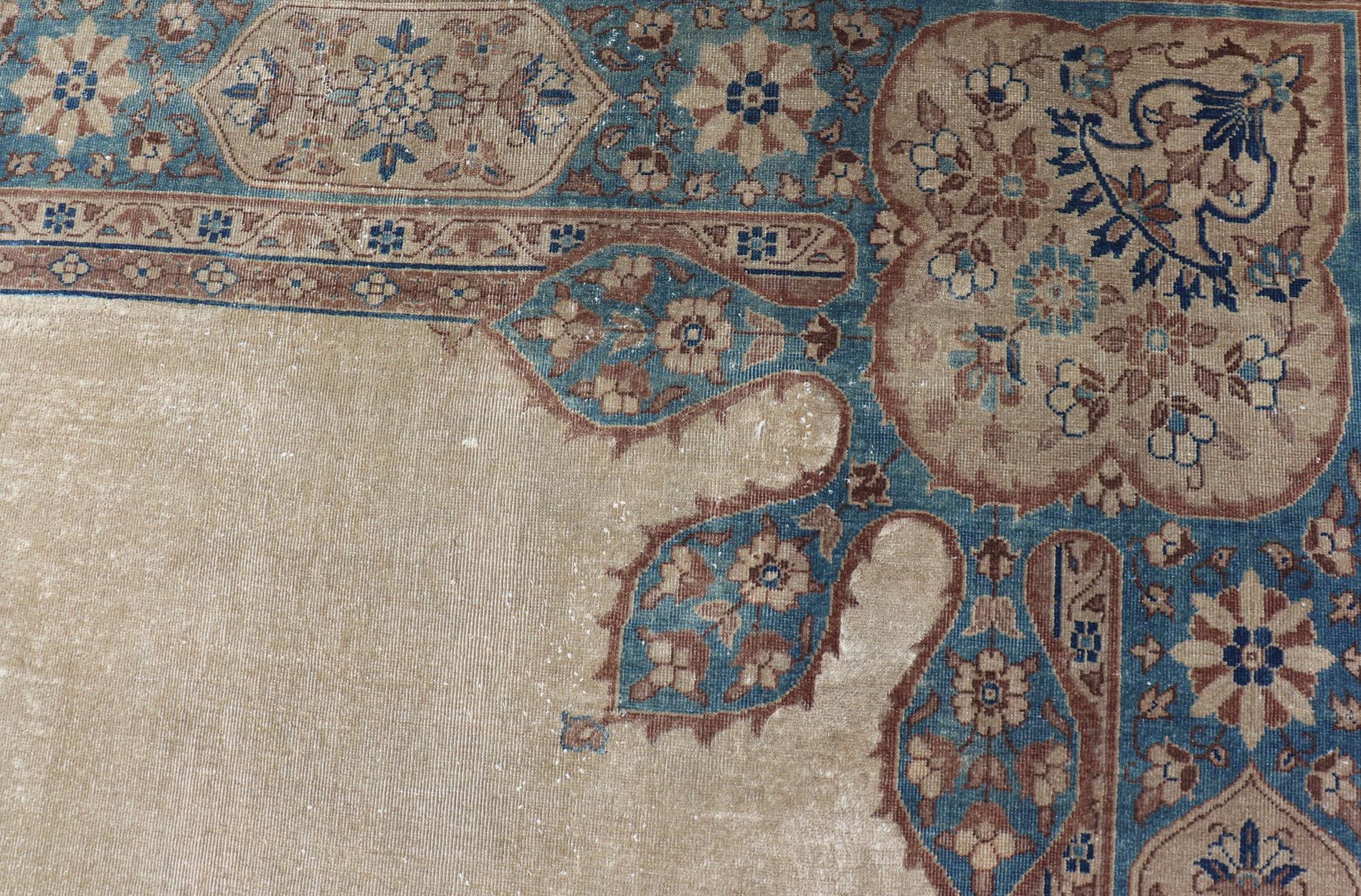 Wool Antique Hand Knotted Amritsar Carpet in Taupe, Light Brown and Blue Accent's For Sale
