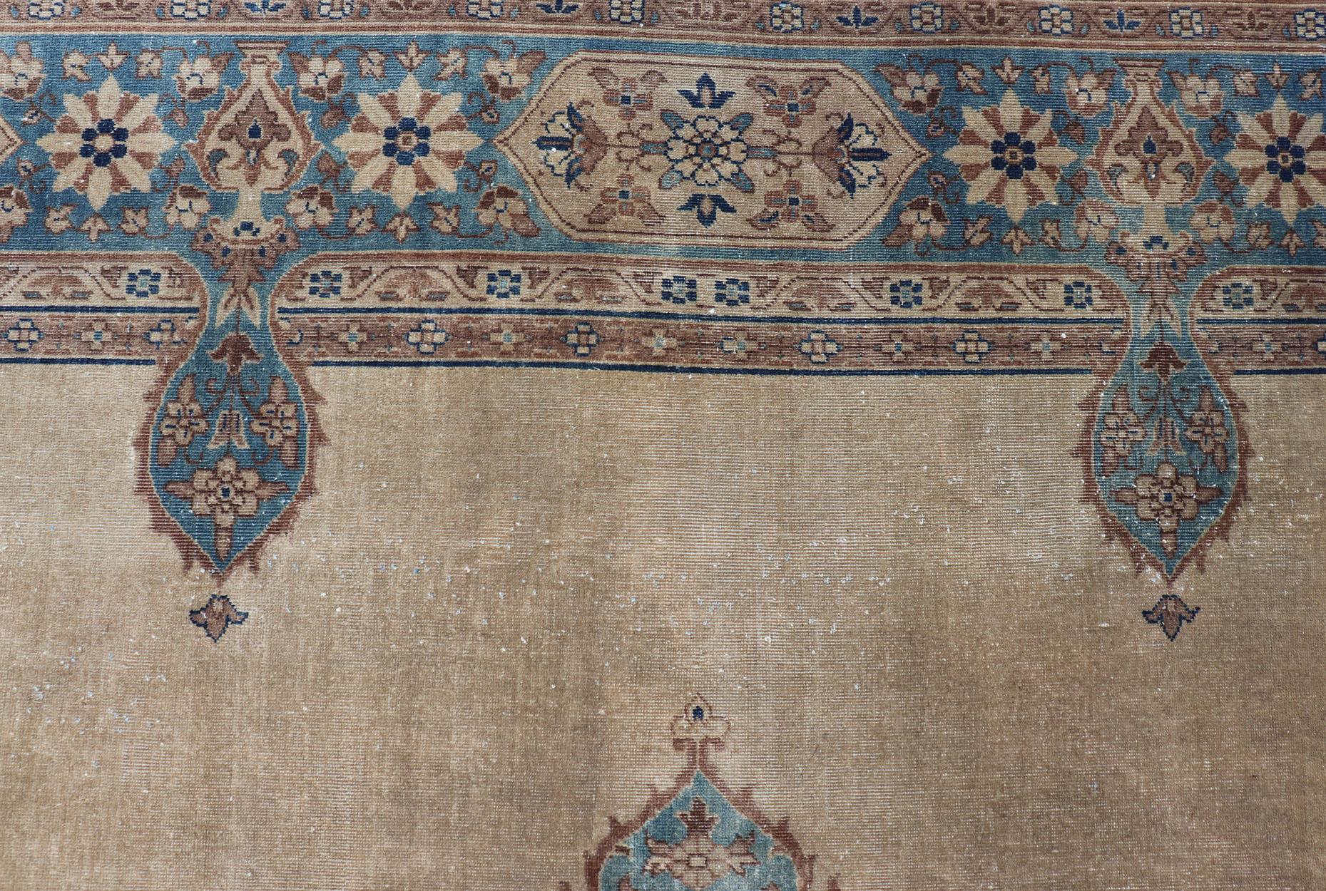 Antique Hand Knotted Amritsar Carpet in Taupe, Light Brown and Blue Accent's For Sale 1