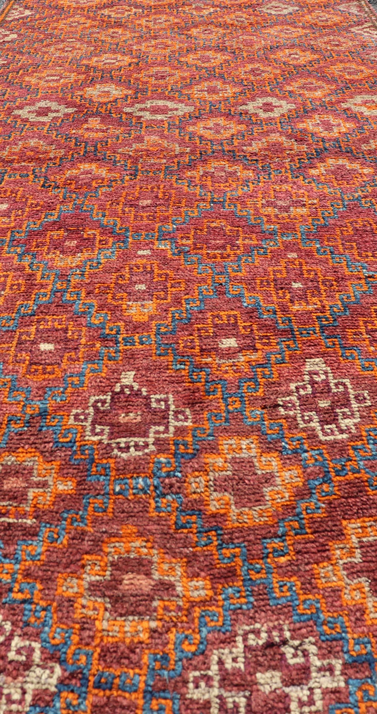 Wool Antique Hand-Knotted Baluch Tribal Runner with All-Over Geometric Diamond Design For Sale
