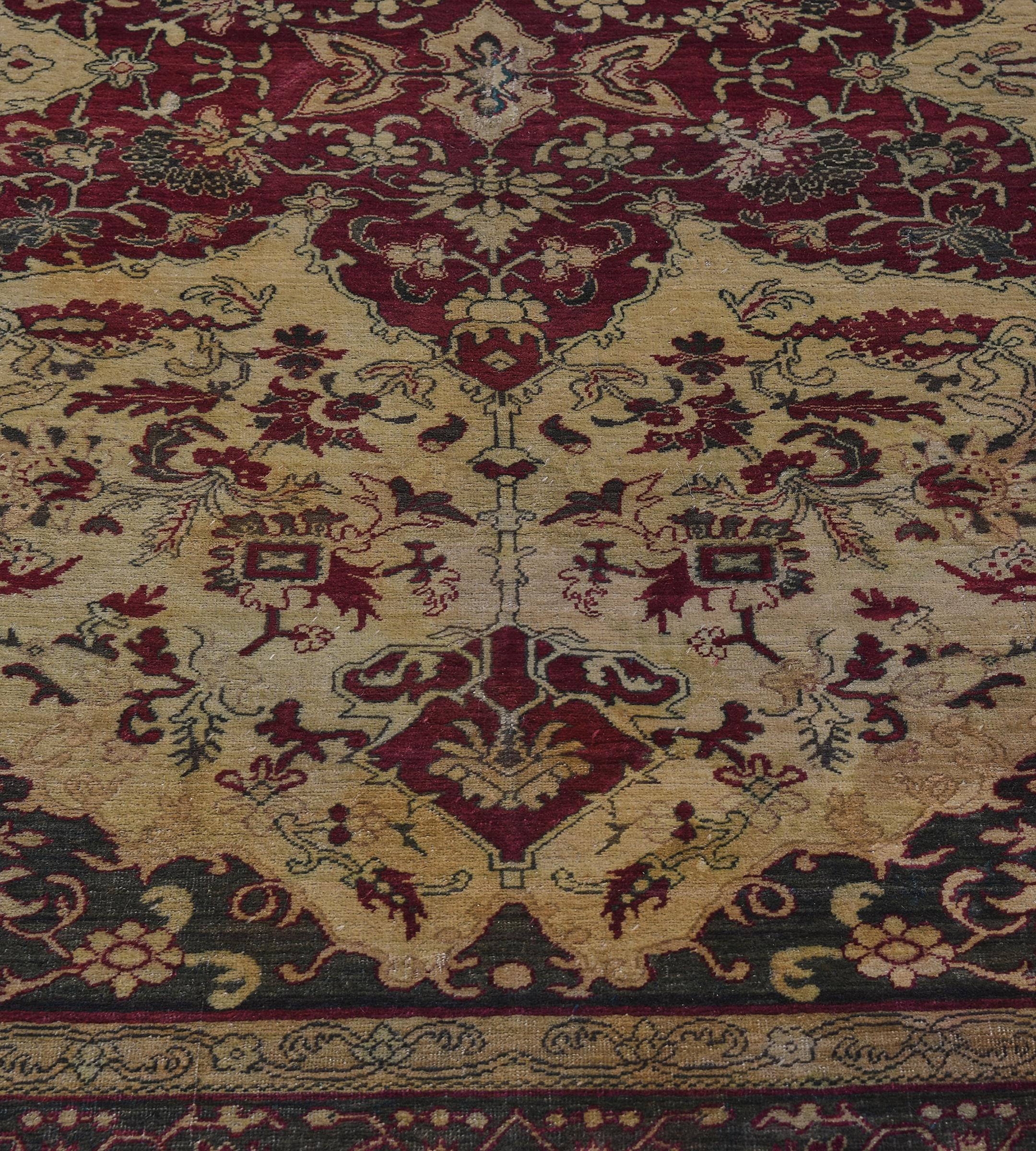 Antique Hand-Knotted Burgandy Floral Wool Agra Rug For Sale 5