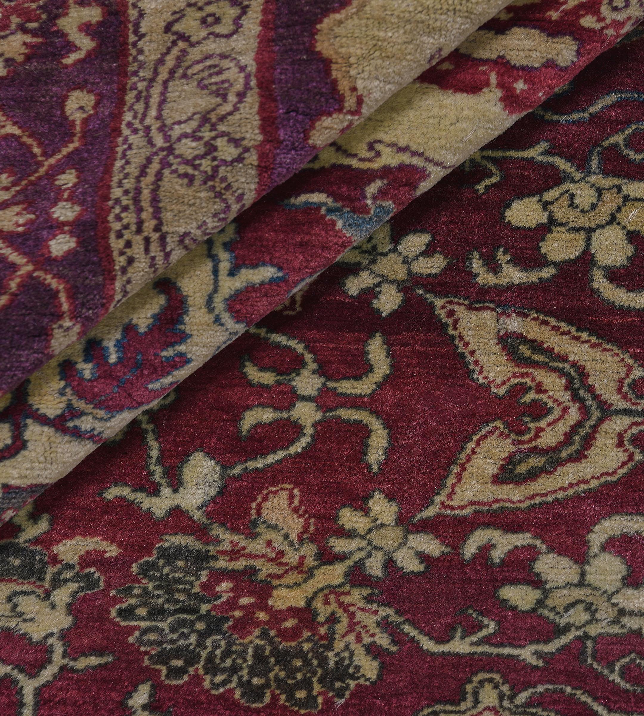 Antique Hand-Knotted Burgandy Floral Wool Agra Rug For Sale 6