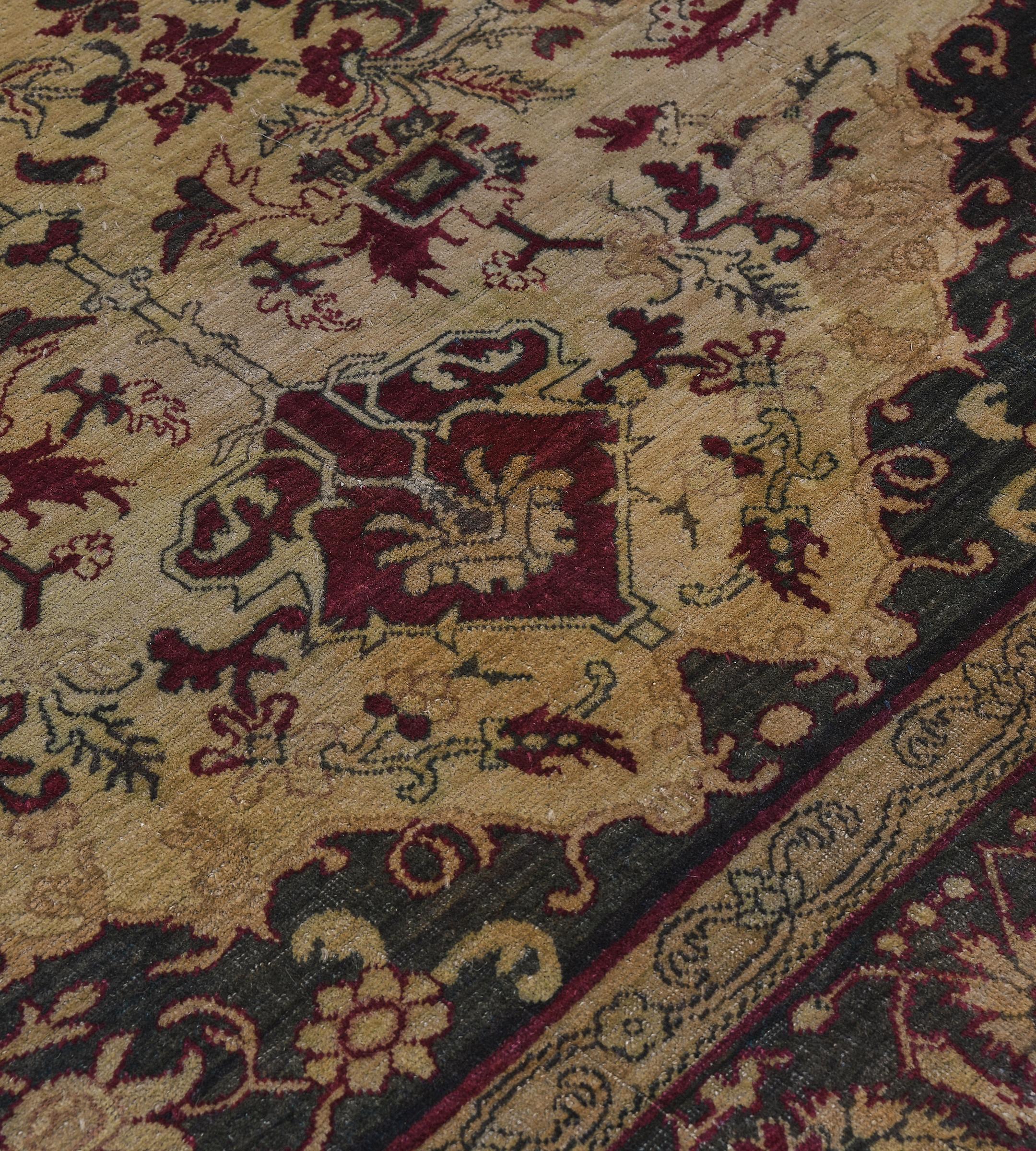 Indian Antique Hand-Knotted Burgandy Floral Wool Agra Rug For Sale