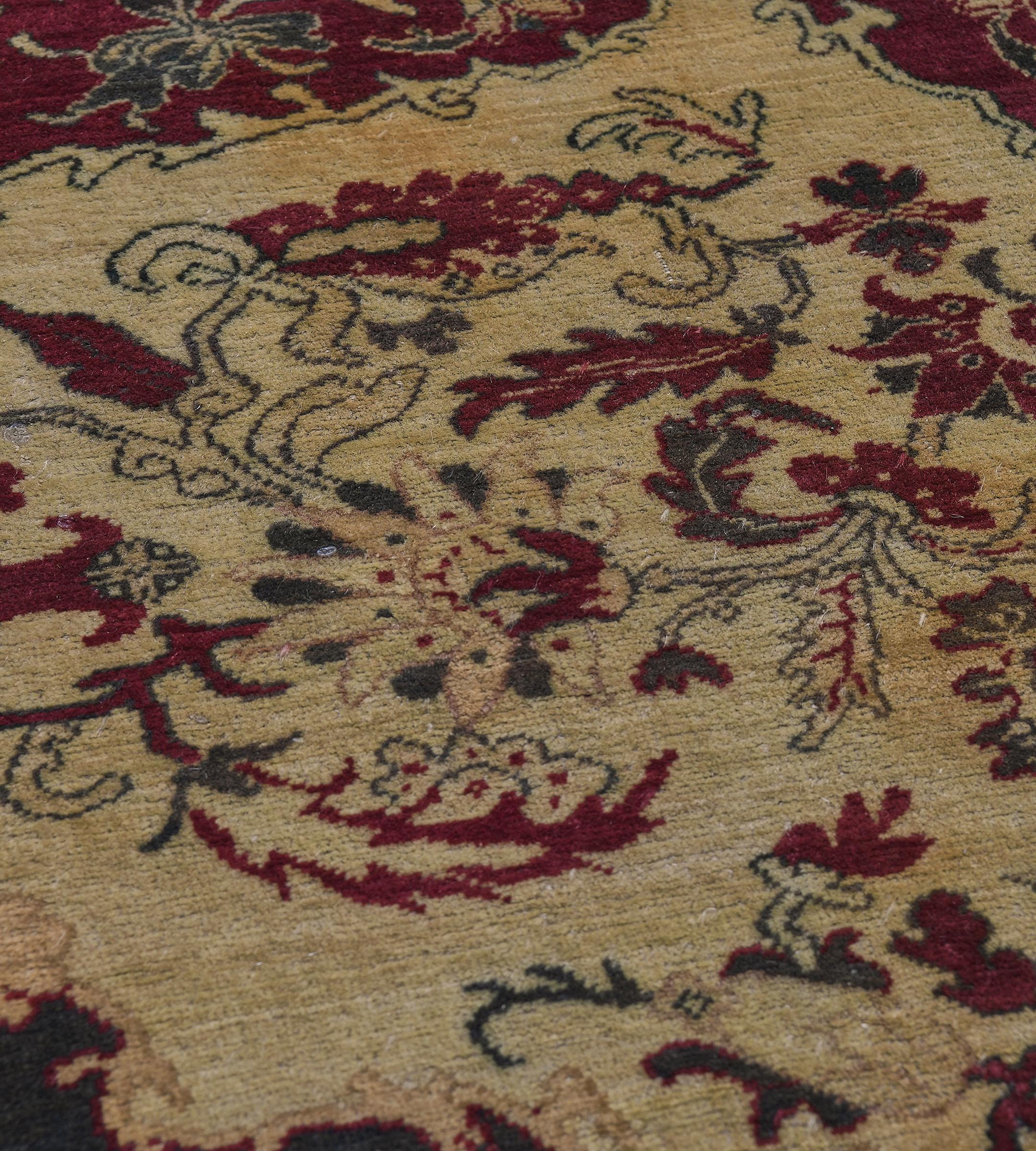 Antique Hand-Knotted Burgandy Floral Wool Agra Rug In Good Condition For Sale In West Hollywood, CA