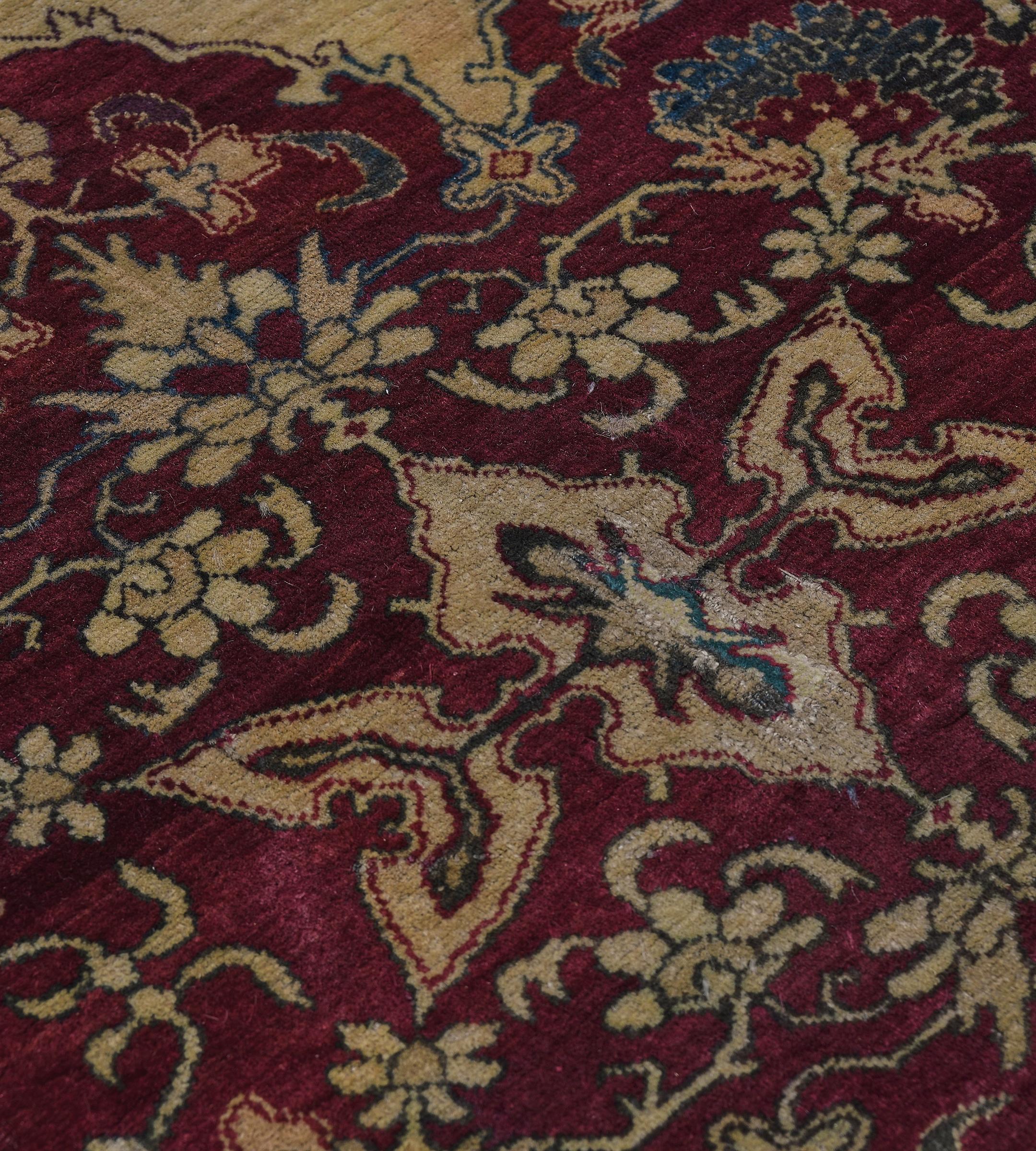 20th Century Antique Hand-Knotted Burgandy Floral Wool Agra Rug For Sale
