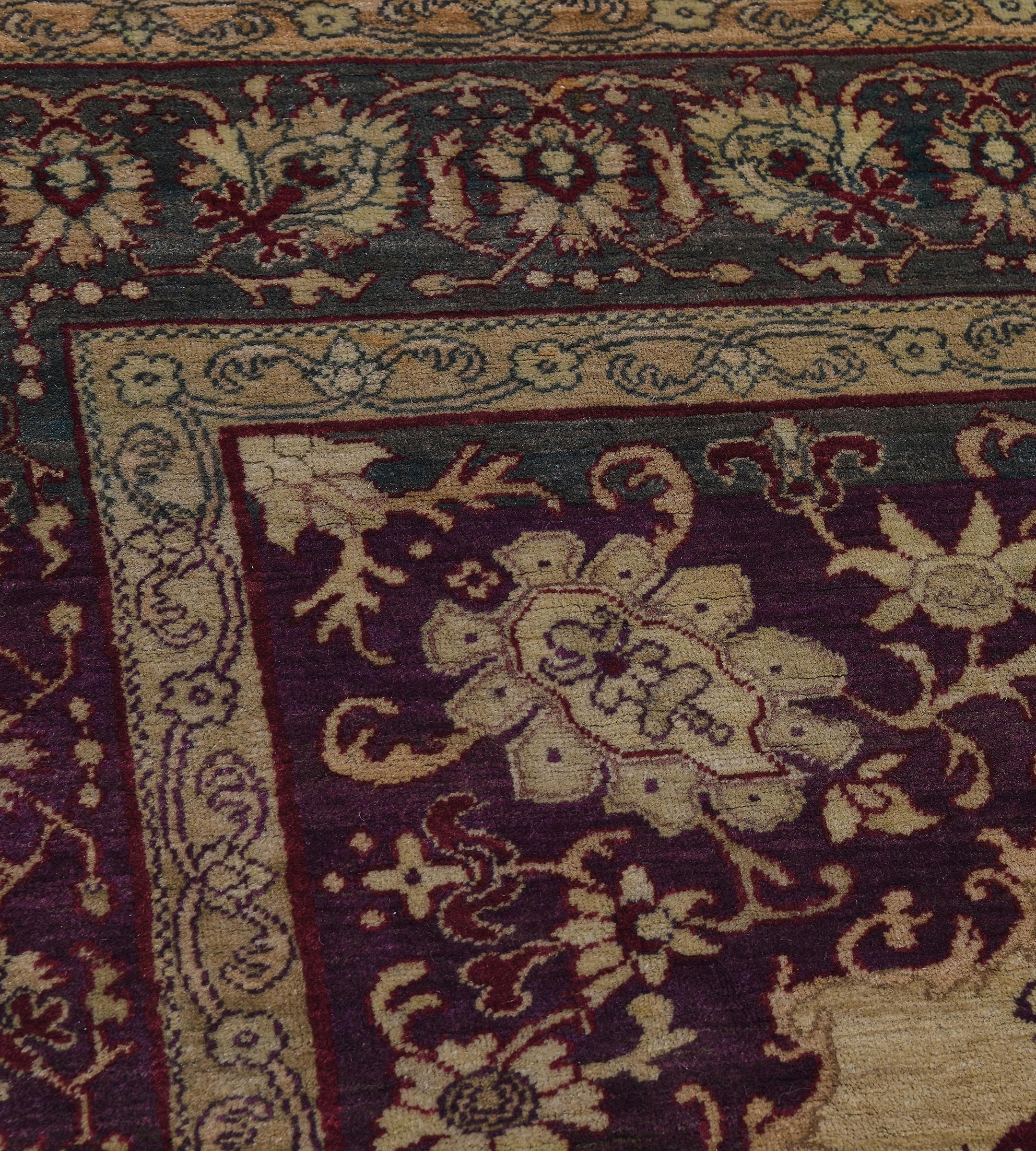 Antique Hand-Knotted Burgandy Floral Wool Agra Rug For Sale 1