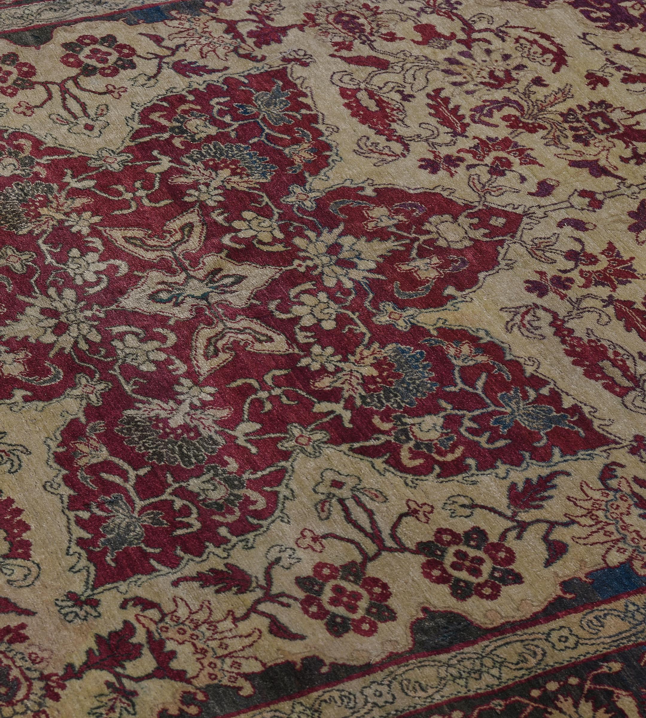 Antique Hand-Knotted Burgandy Floral Wool Agra Rug For Sale 2