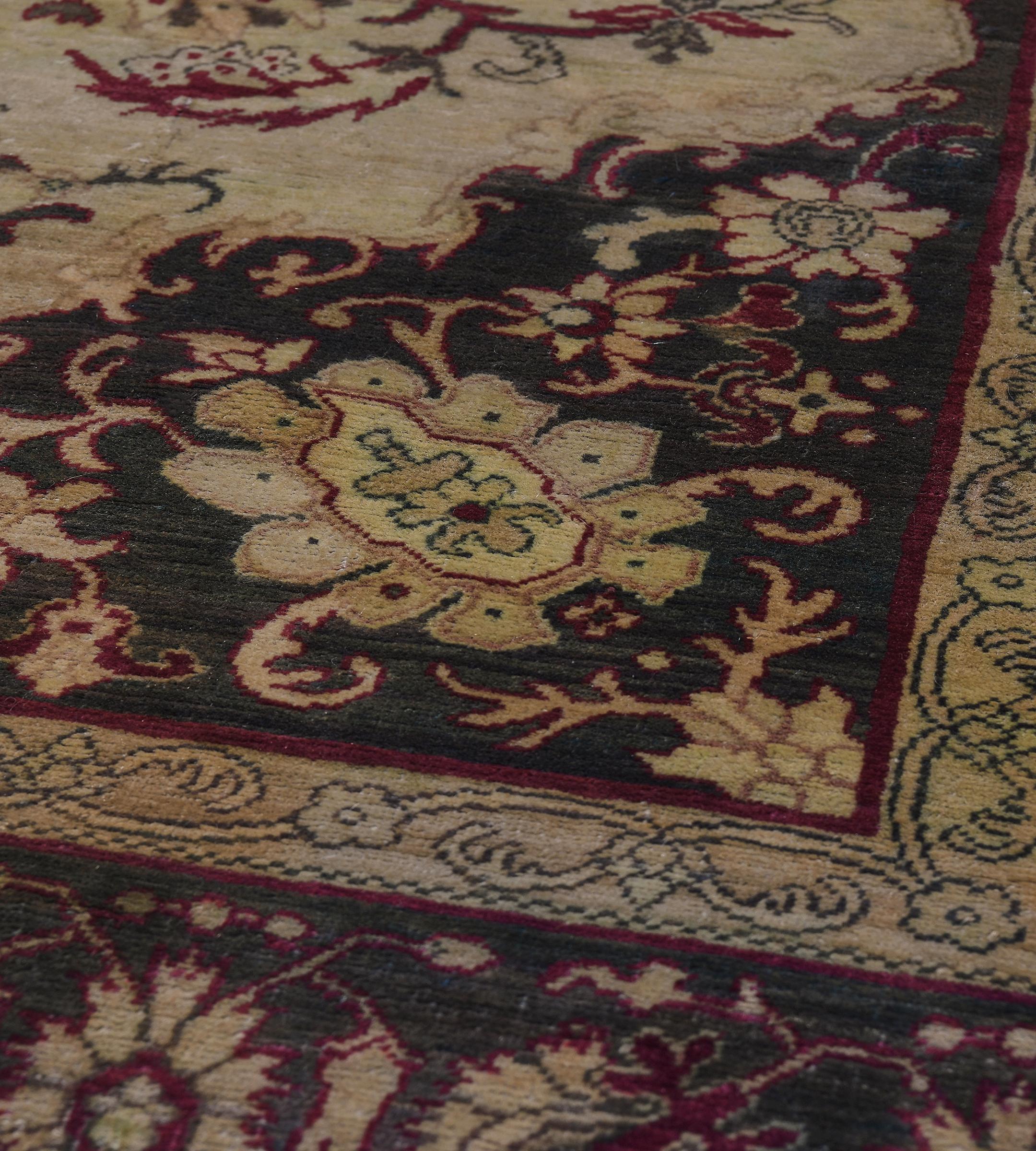 Antique Hand-Knotted Burgandy Floral Wool Agra Rug For Sale 4