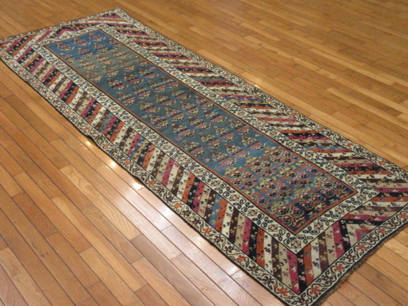 Wool Antique Hand-Knotted Caucasian Genjeh Runner Rug For Sale