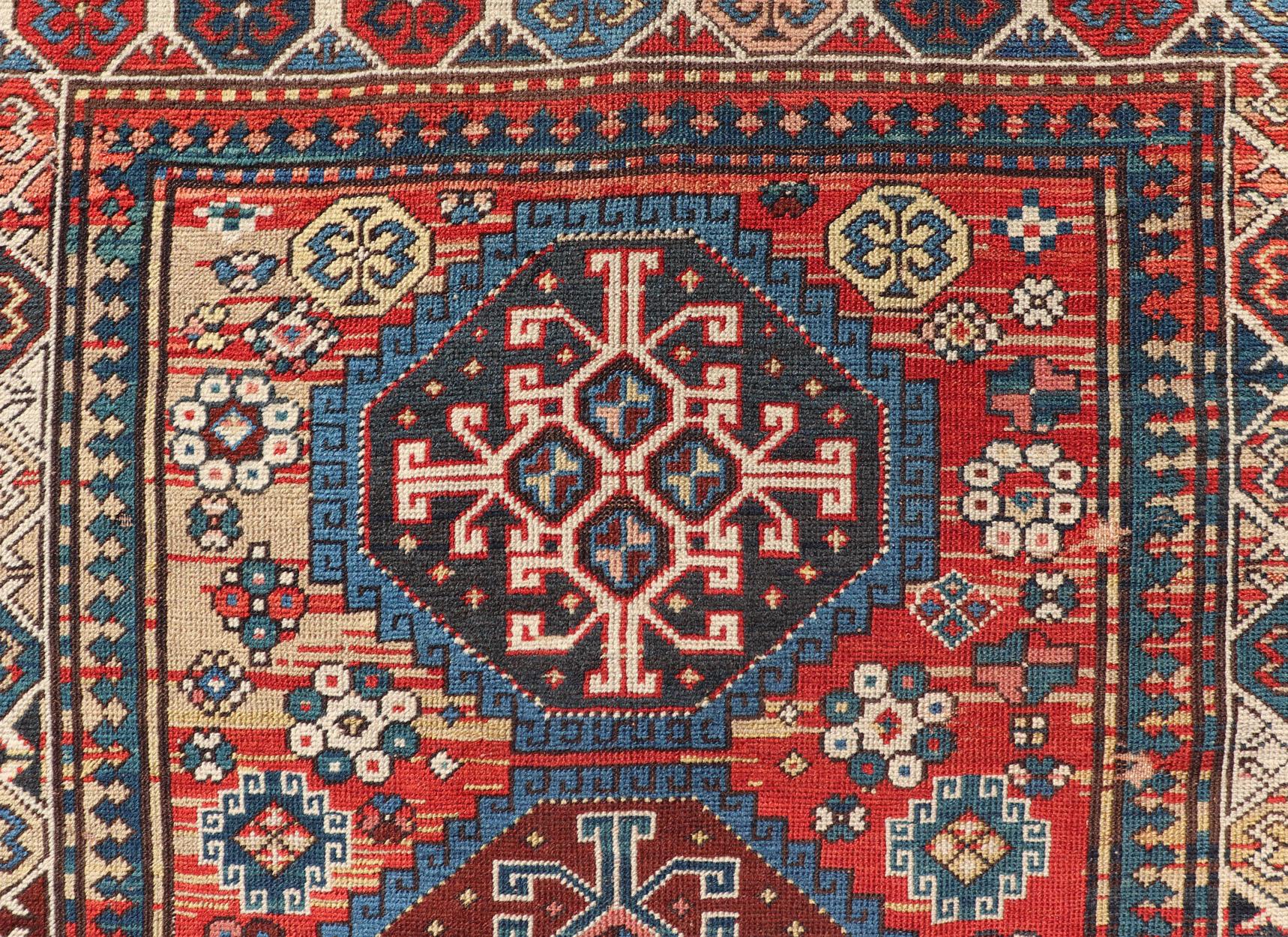 Antique Hand Knotted Caucasian Kazak Rug in Brilliant Red with Geometric Design For Sale 1