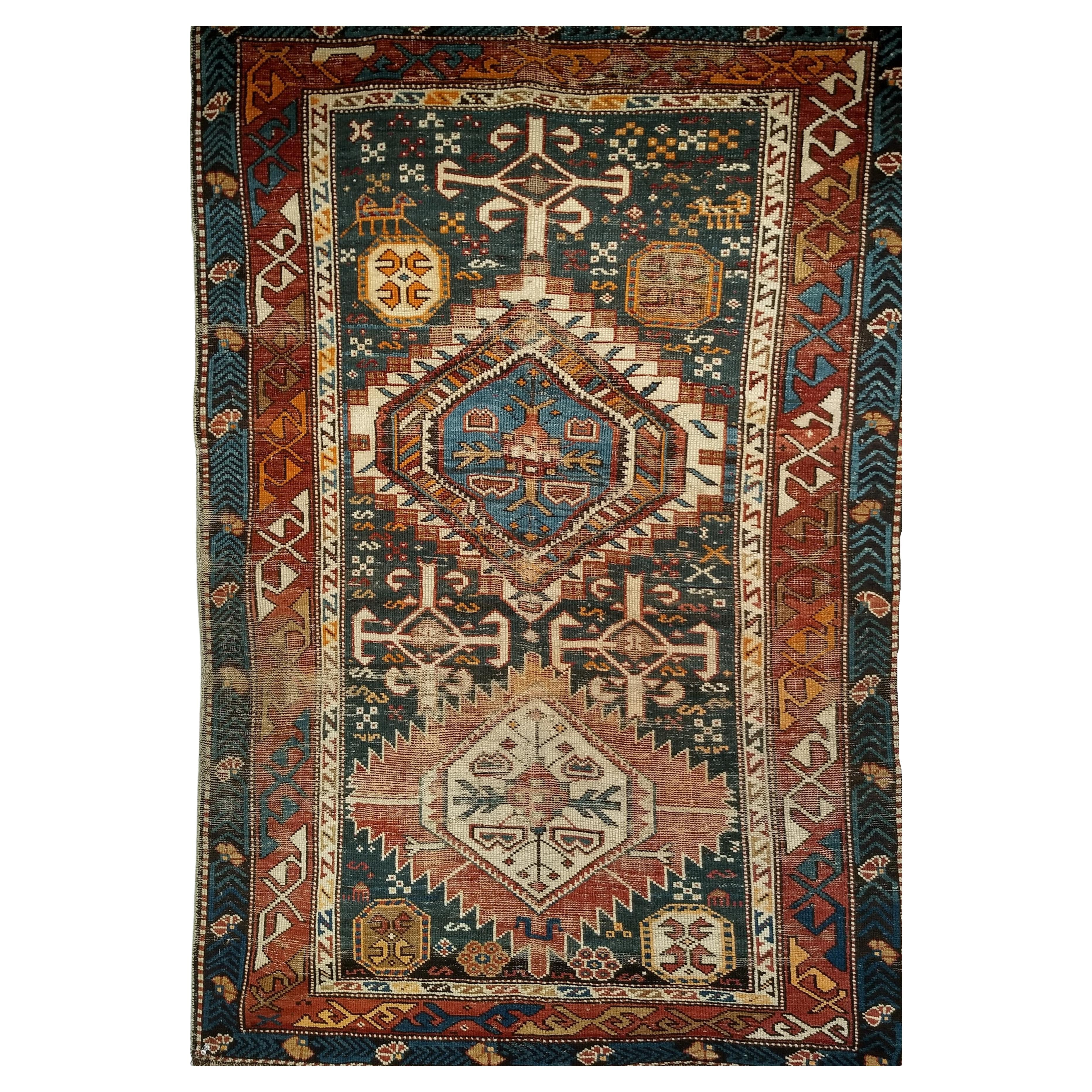 Tapis kazak du Caucase ancien, noué à la main, fin du XIXe siècle, bleu et rouge, 3' x 5'