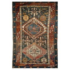 Tappeto Kazak caucasico antico annodato a mano, fine del XIX secolo, blu e rosso, 3' x 5'