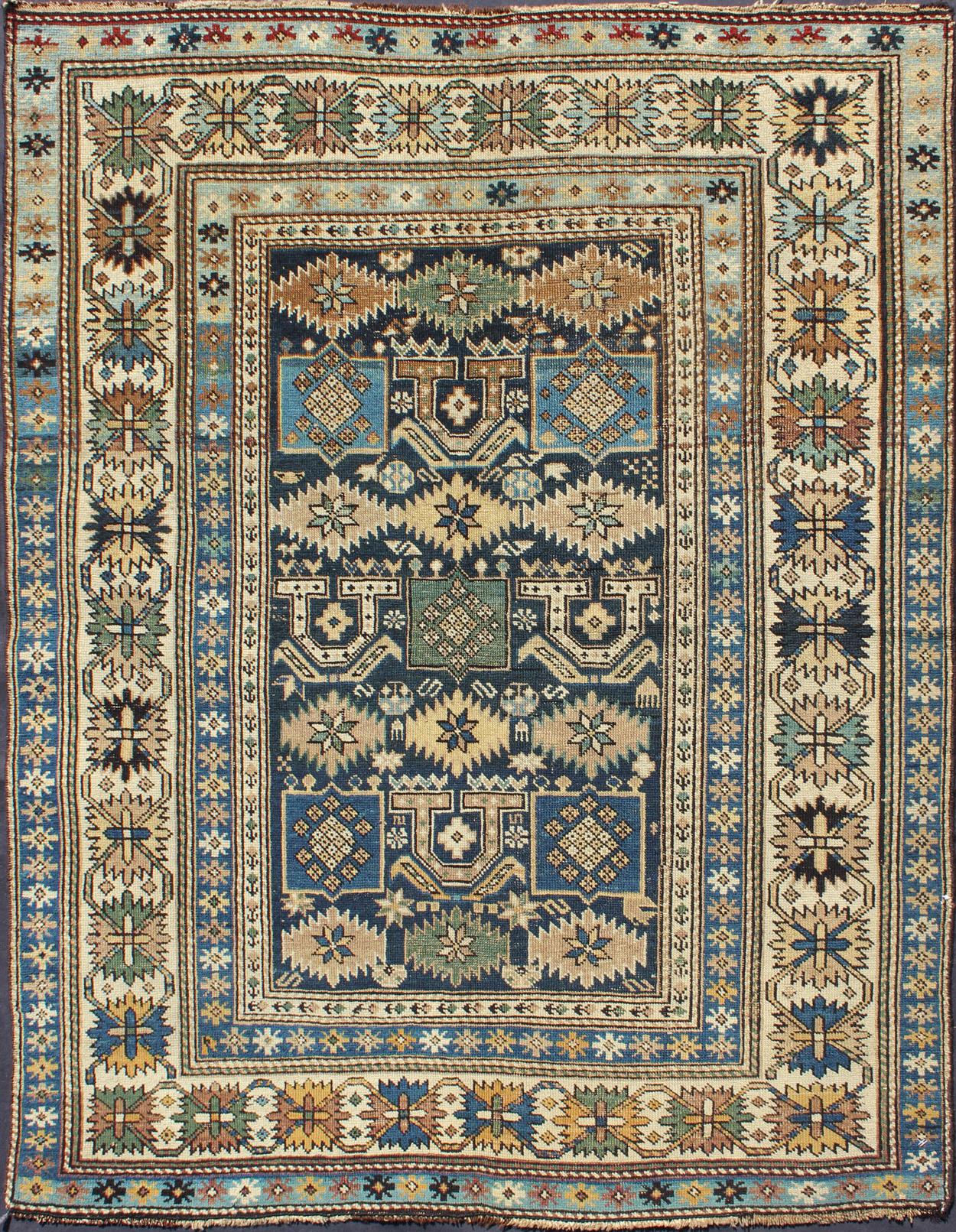 Laine Ancien tapis caucasien Shirvan noué à la main en bleu avec motif tribal 3'5