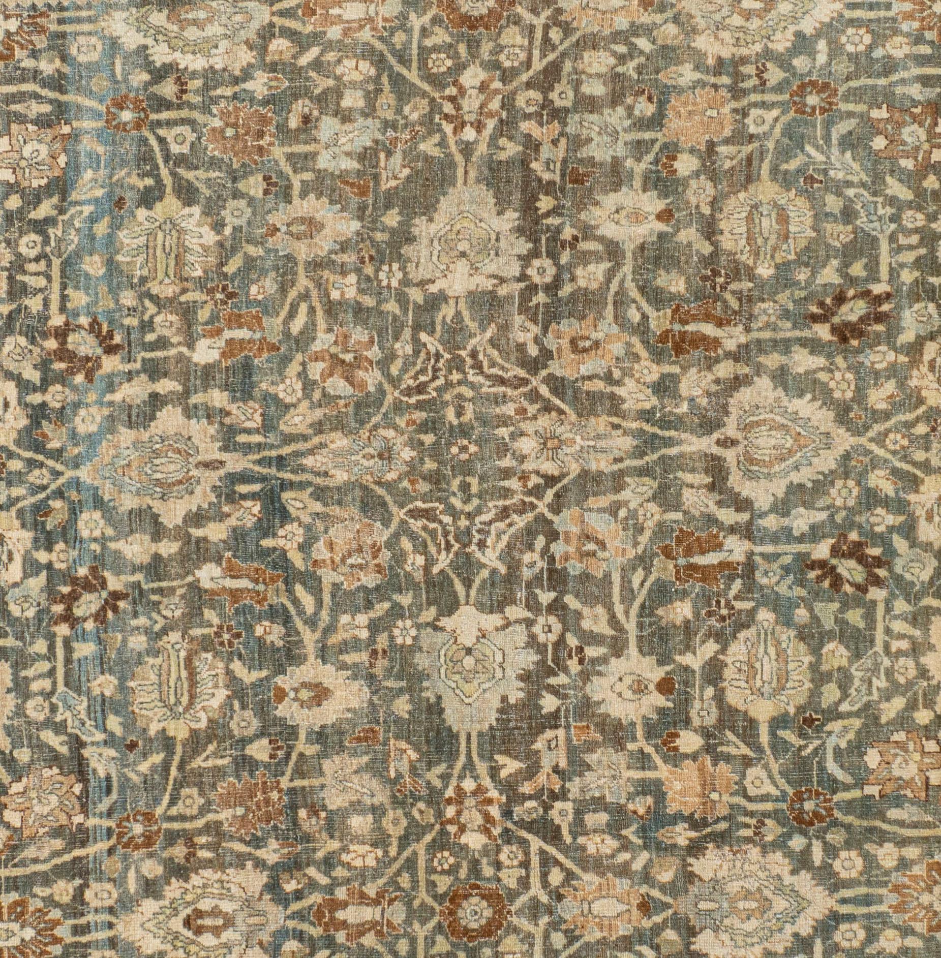 19th Century Antique Hand Knotted Distressed Persian Bidjar Rug Blue Beige For Sale