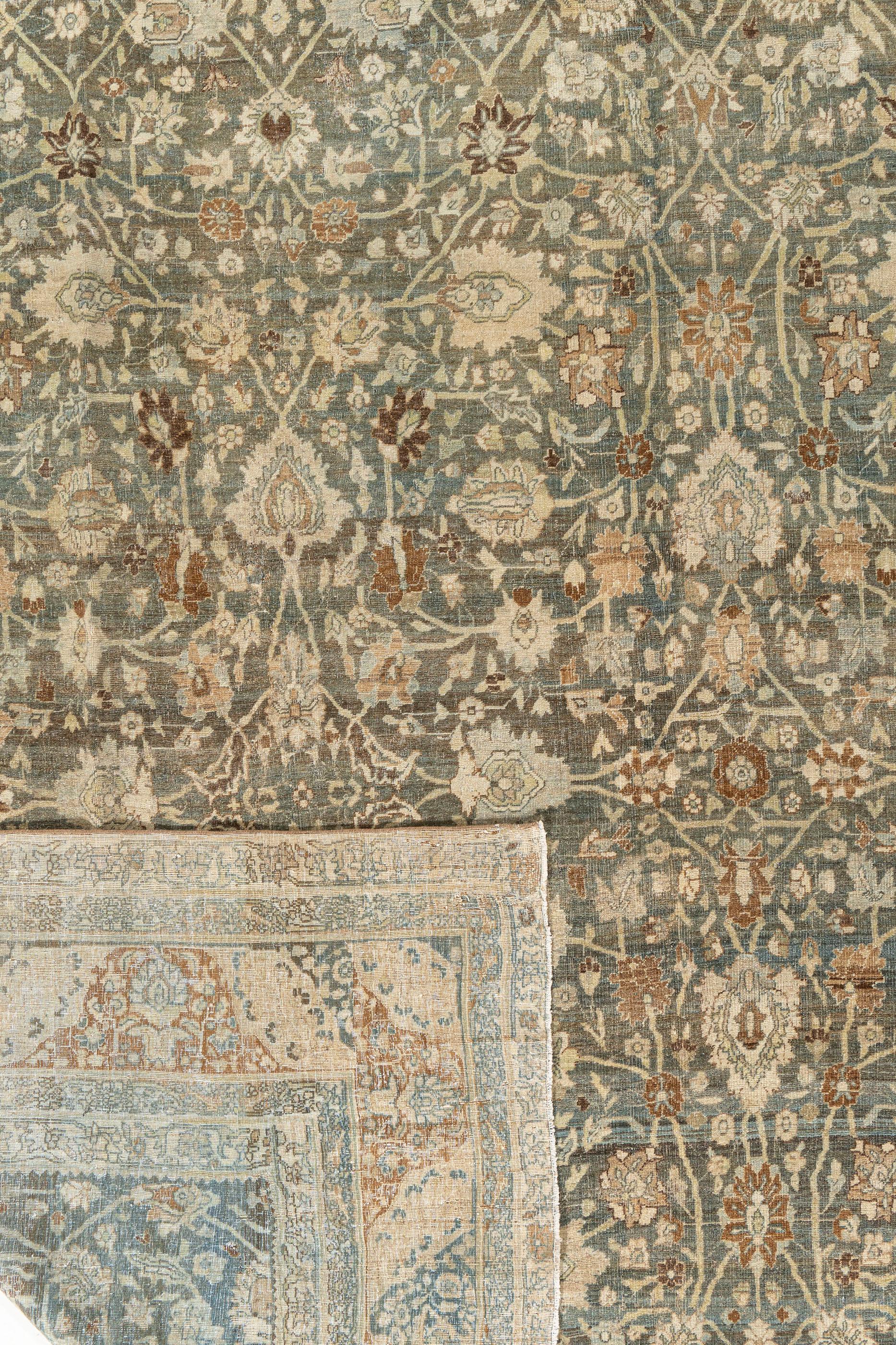 Cotton Antique Hand Knotted Distressed Persian Bidjar Rug Blue Beige For Sale