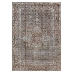 Antique Hand-Knotted Distressed Persian Mahal Rug in Wool with Medallion Design