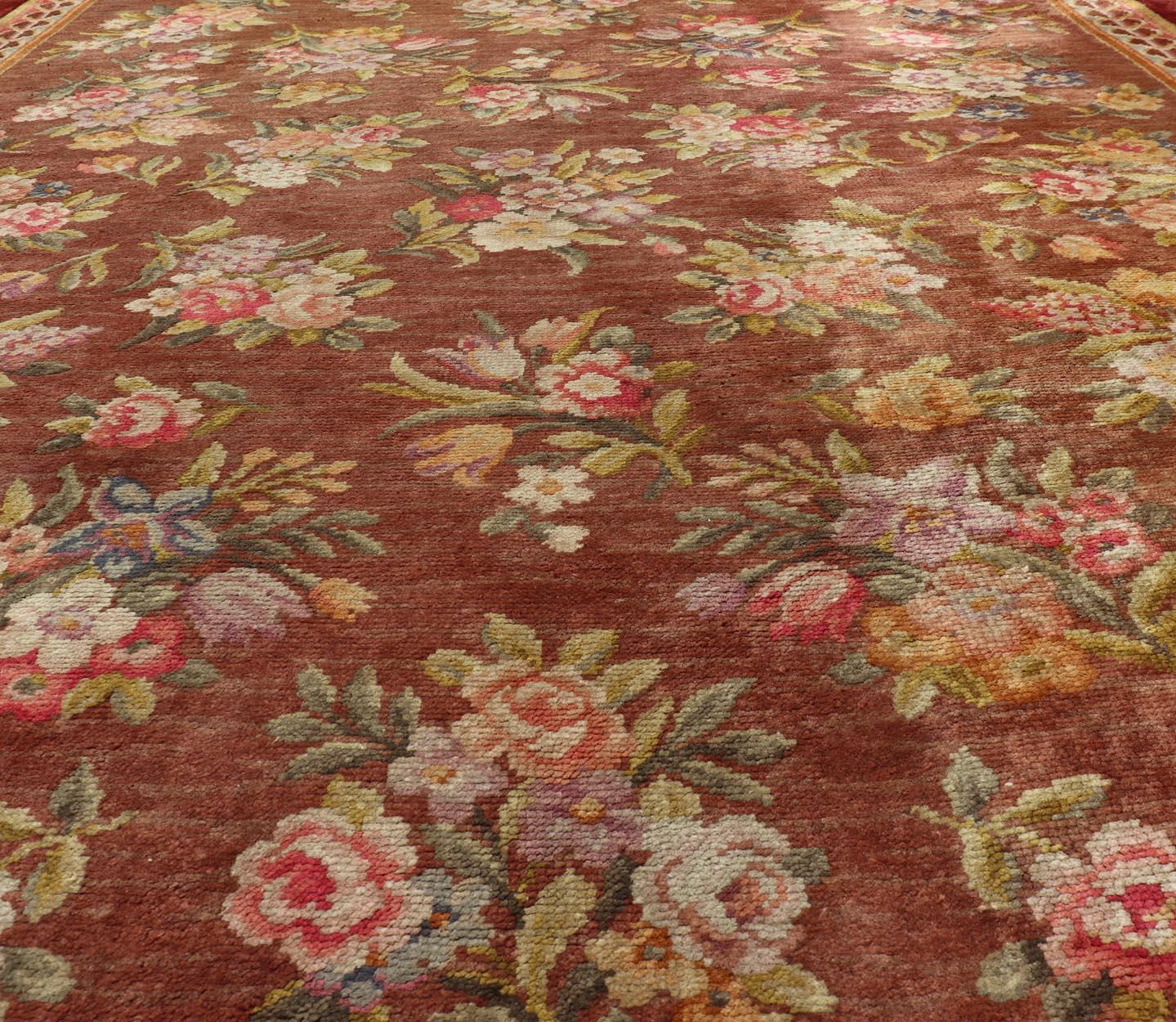 Antique Hand Knotted European Savonnerie Rug in Wool with Floral Design For Sale 2