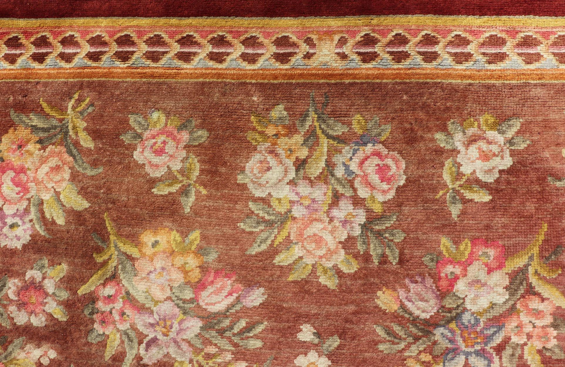 Antique Hand Knotted European Savonnerie Rug in Wool with Floral Design For Sale 4