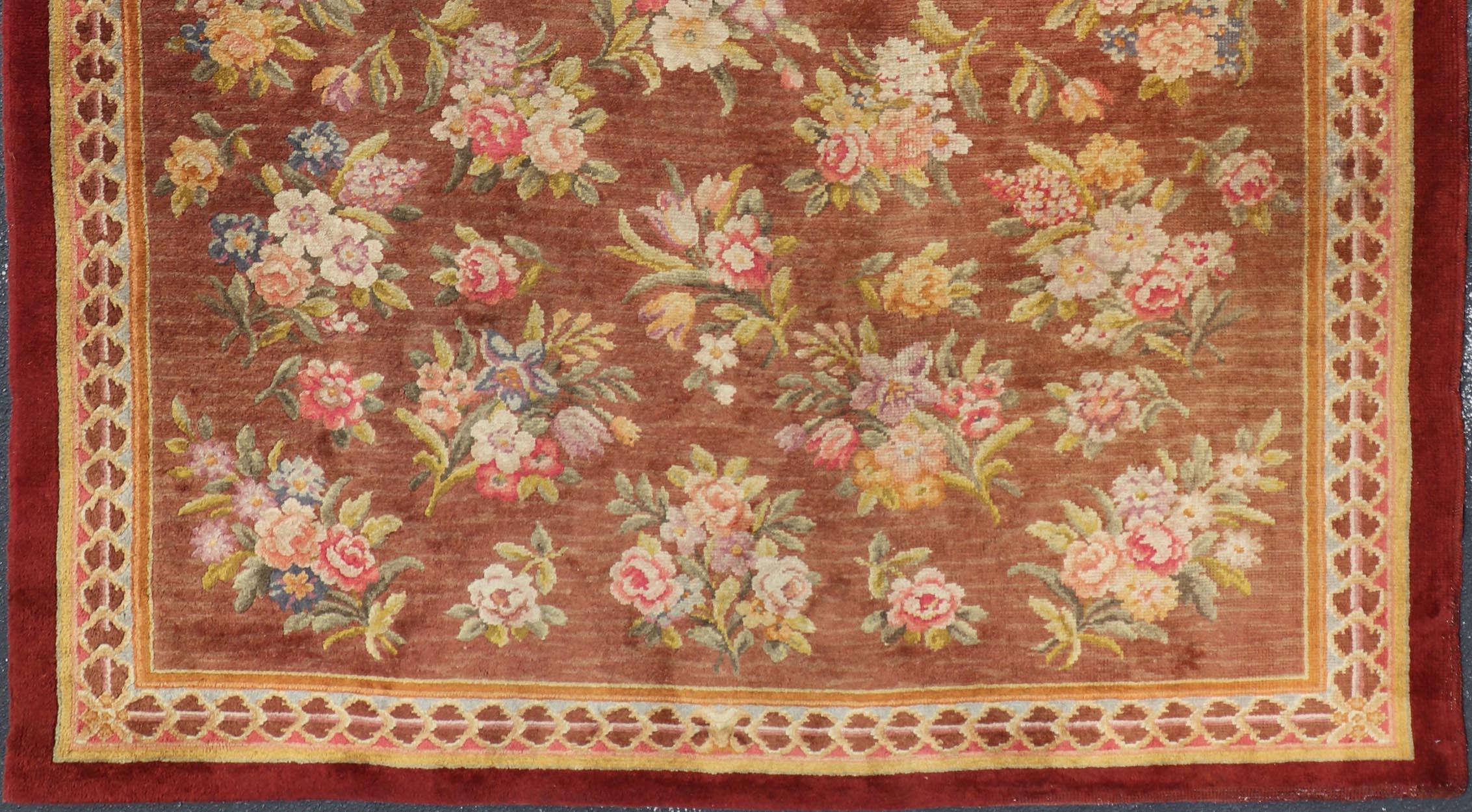 Hand-Knotted Antique Hand Knotted European Savonnerie Rug in Wool with Floral Design For Sale